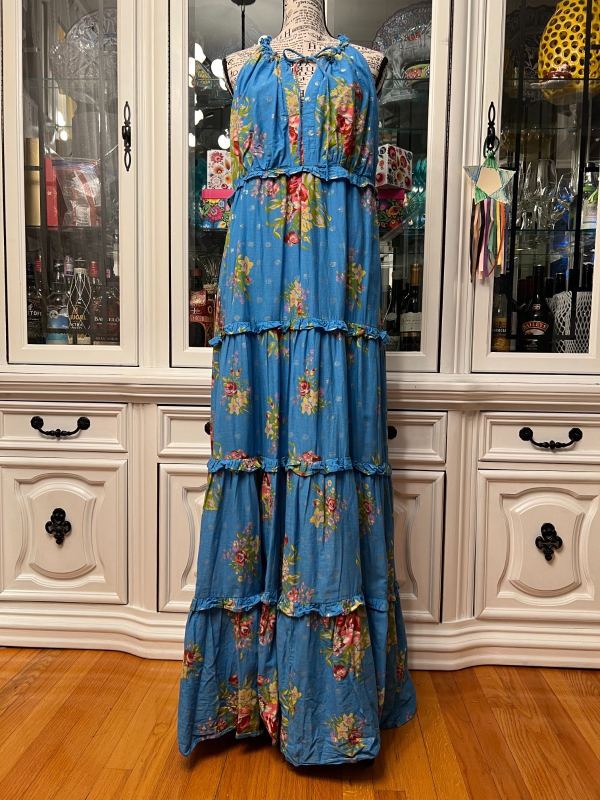 House of Harlow 1960 Floral Gold Spots Blue Maxi Dress M