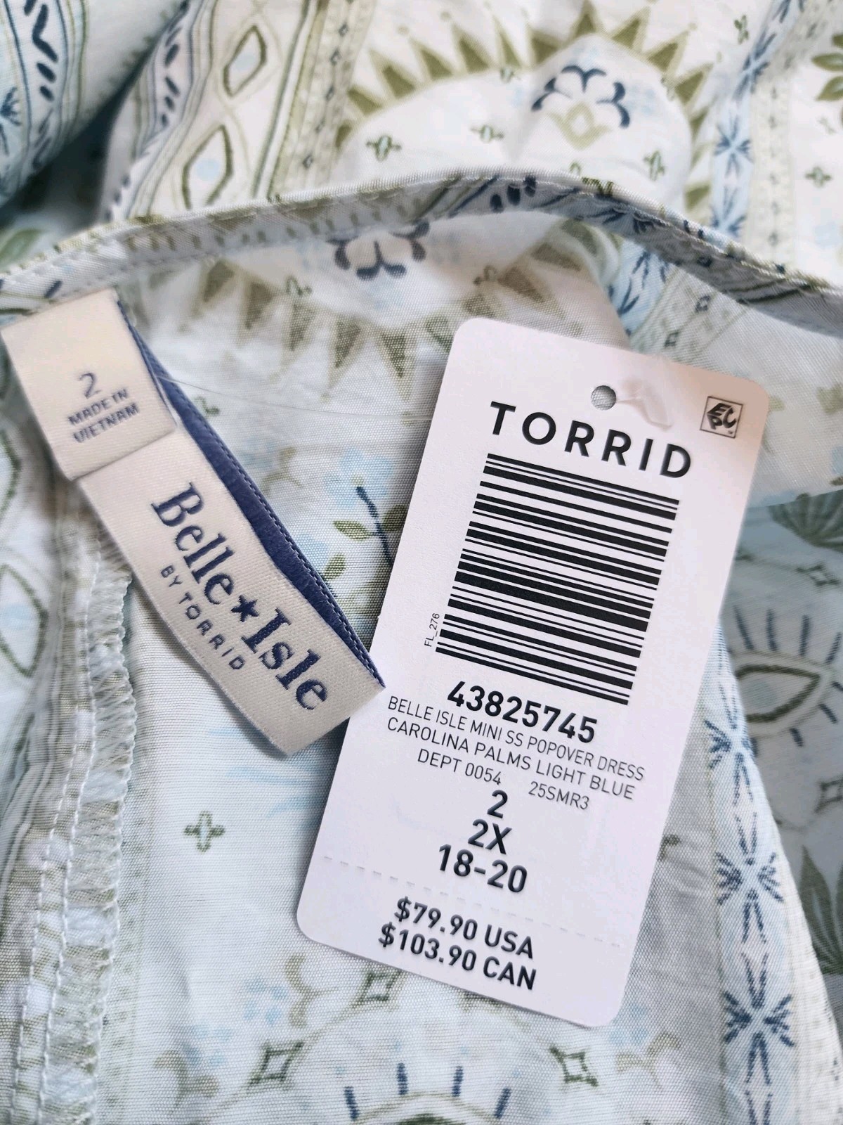 NWT BELLE ISLE BY TORRID Blue Palms Short Sleeve Popover Mini Dress Sz 2 2X 18
