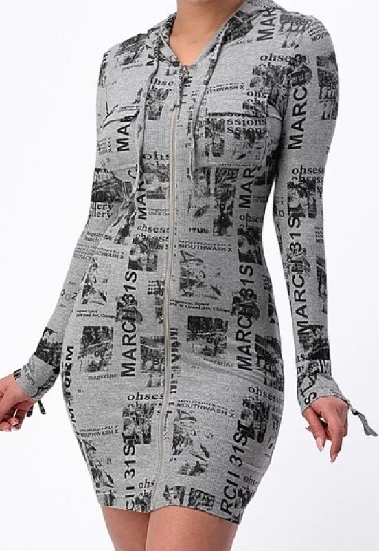Magazine Print Tan/Gray Hooded Long Sleeve Bodycon Dress