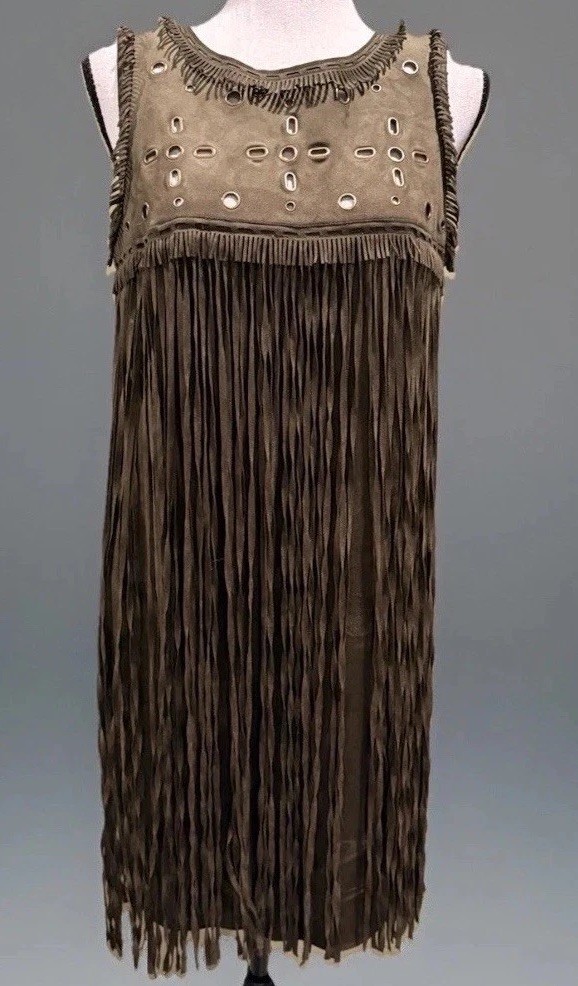 Chelsea & Violet Women’s Y2K Brown Faux Leather Fringe Shift Dress Stretch 70s S