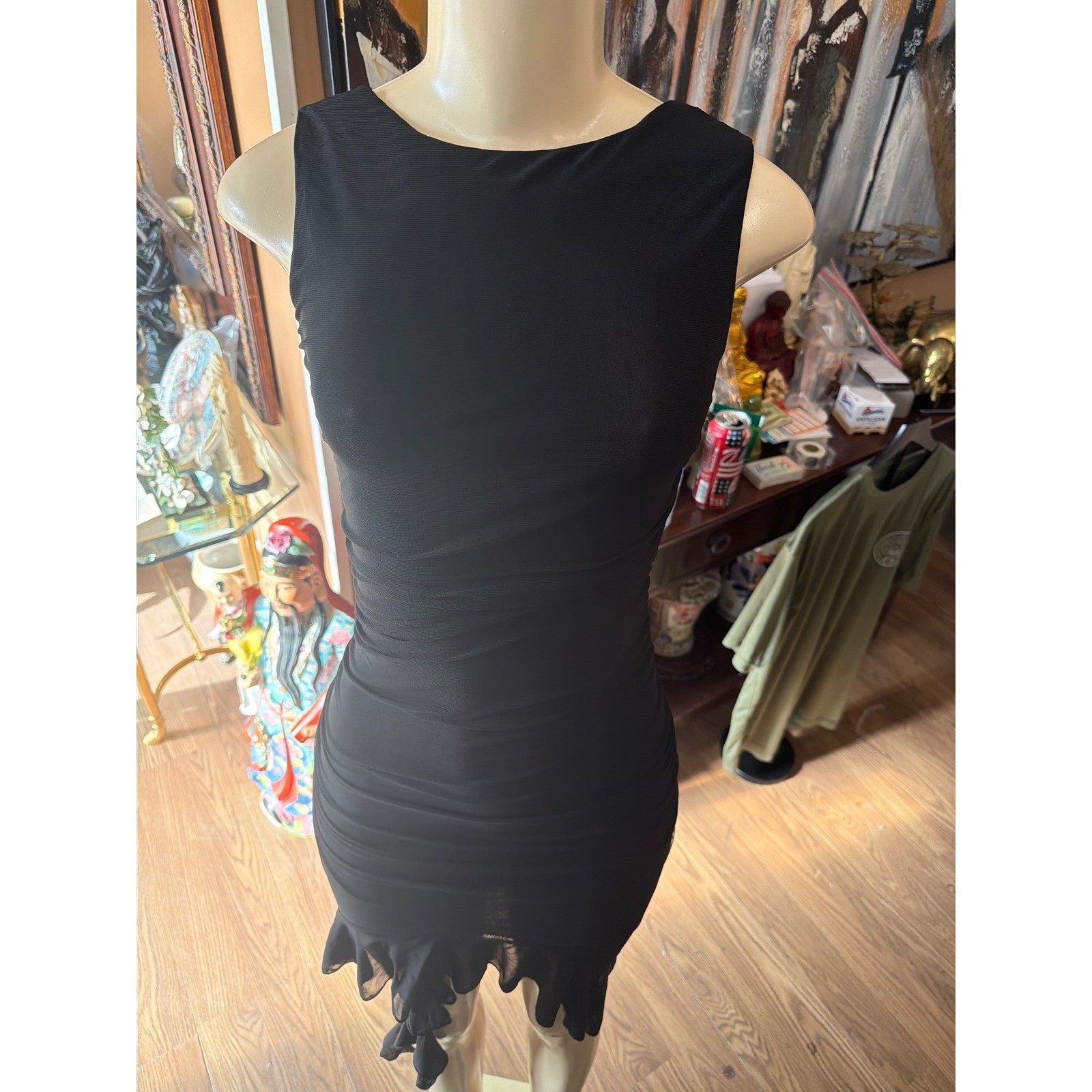 Black Sleeveless Ruched Bodycon Dress with Ruffle Mesh Hem Low Back Cocktail