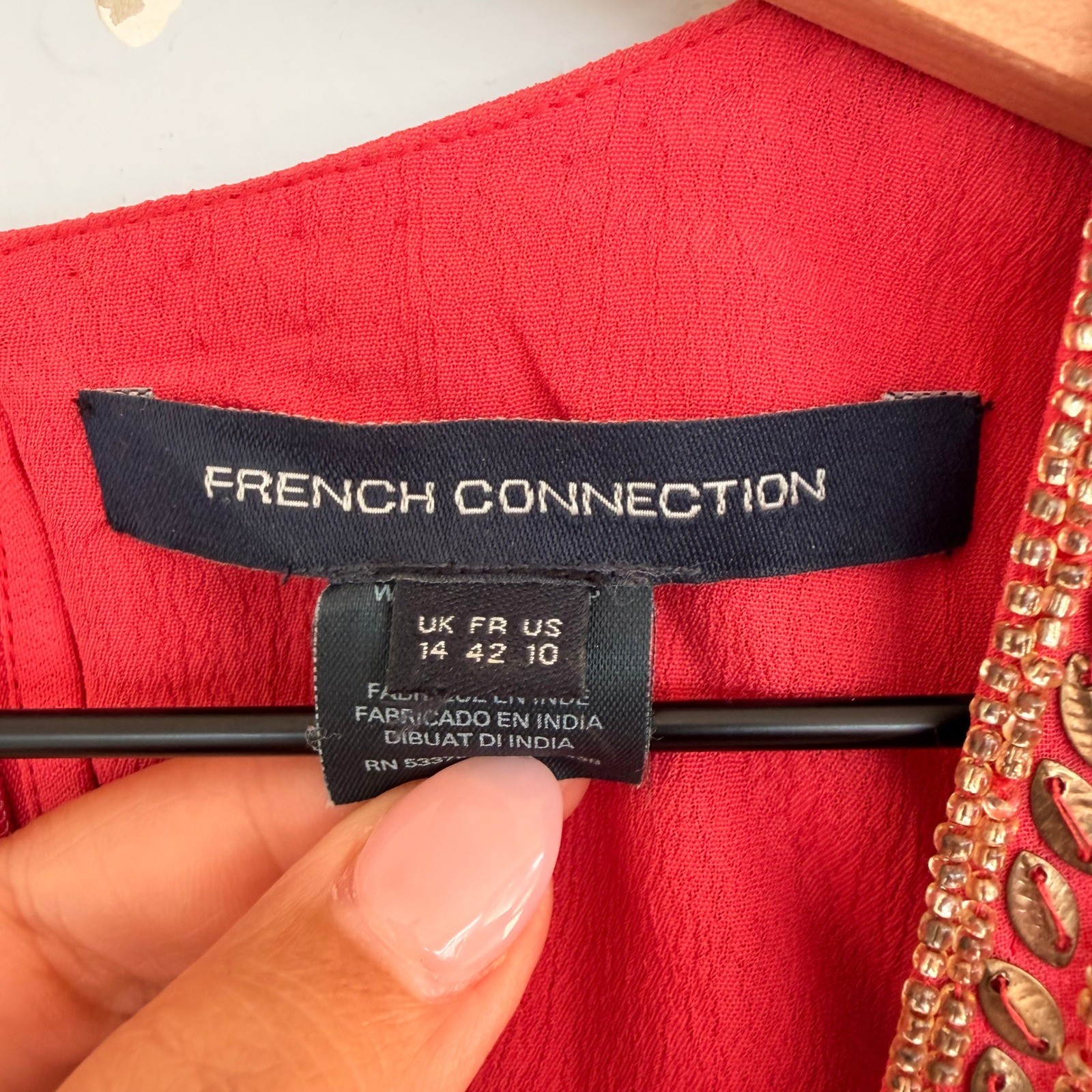 French Connection Shift Dress Silk-Georgette Sequined Coral V-Nick US10 UK14