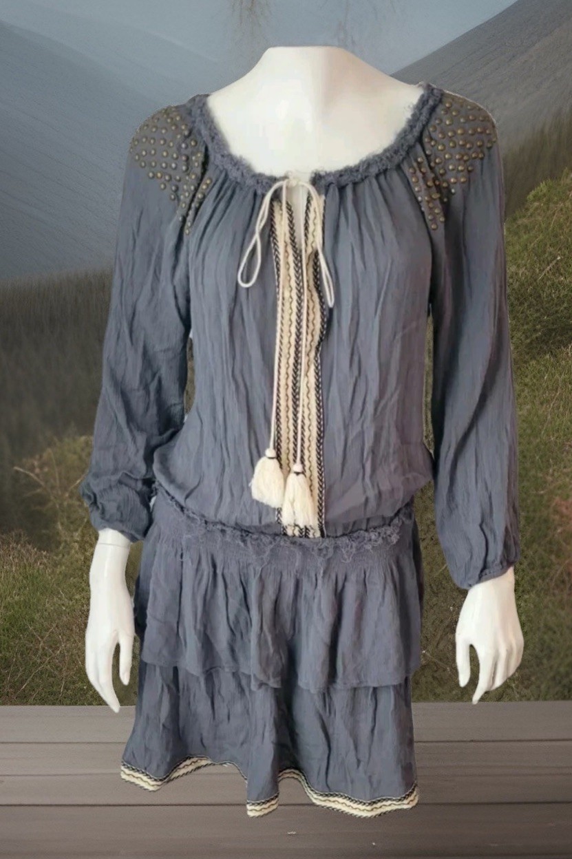 Vintage Havana Women Gray Boho Studded Dress Tiered Fringe Size S