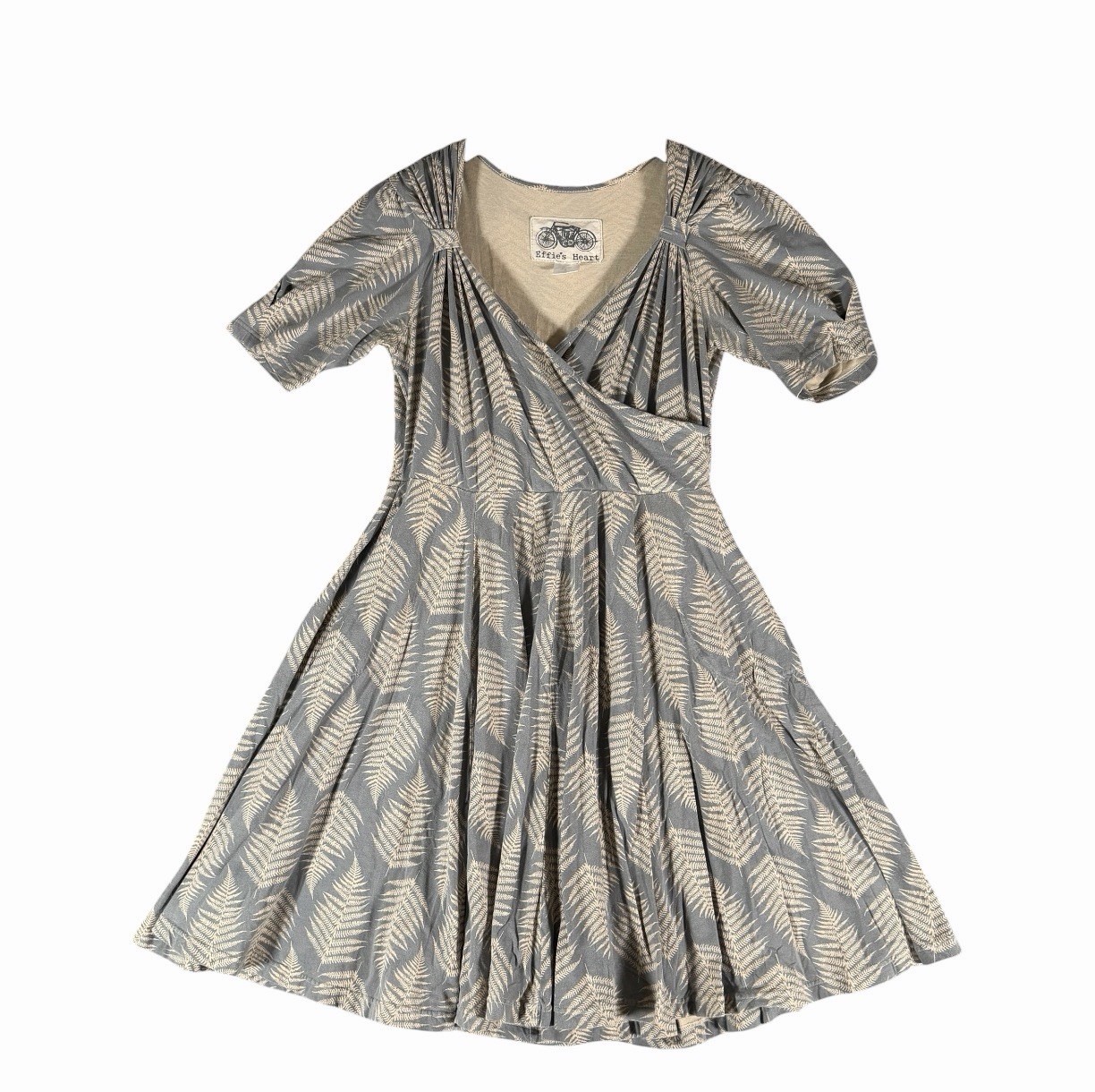 Effies Heart Womens XL Grey Fern Leaf Print Faux Wrap Dress Cotton Stretch Knit