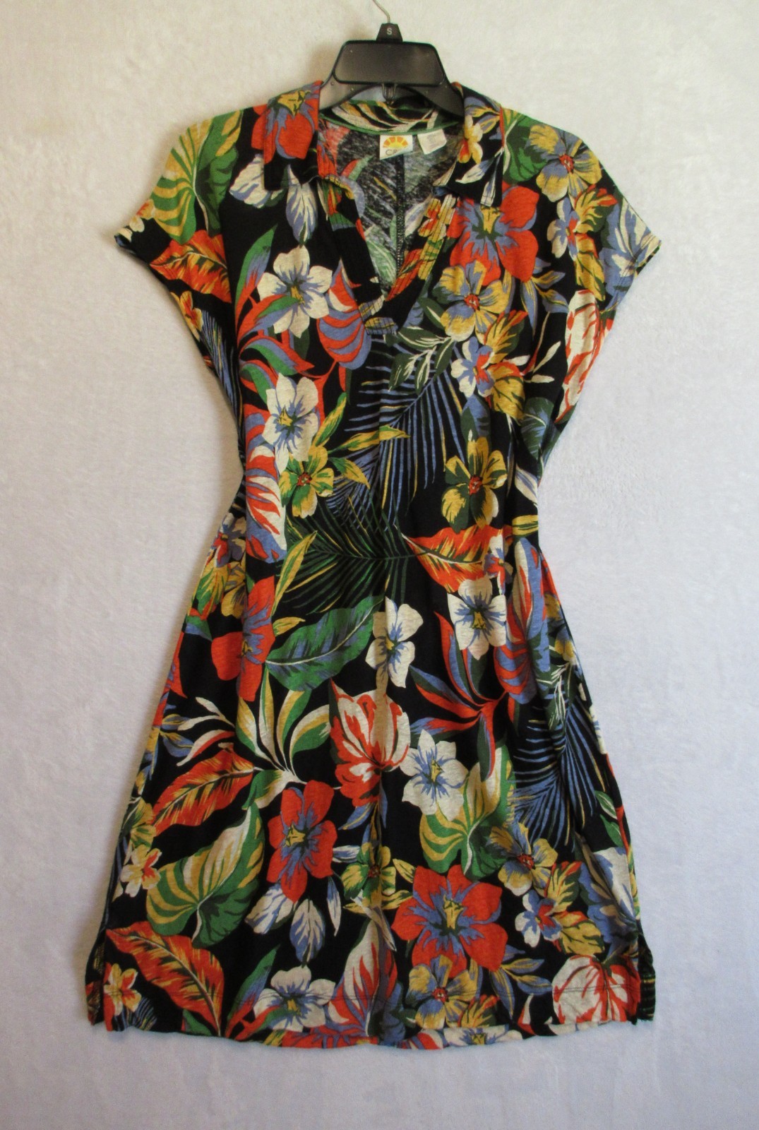 C&C California Women’s Dress Large Multicolor Tropical Linen Blend V-Neck Collar