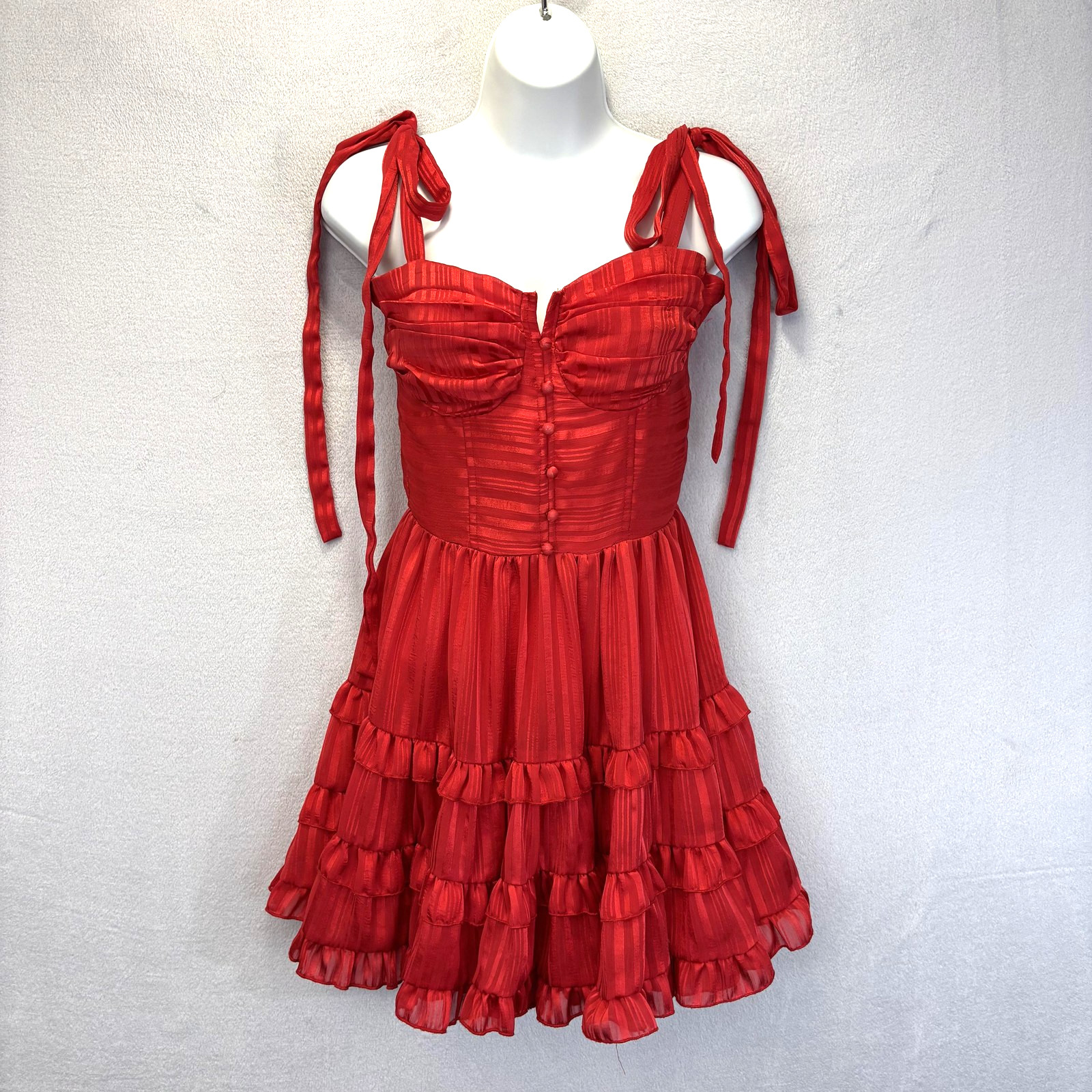 Tiered Ruffle Sweetheart Dress XS Red Party Structured Bodice Corset Inspired