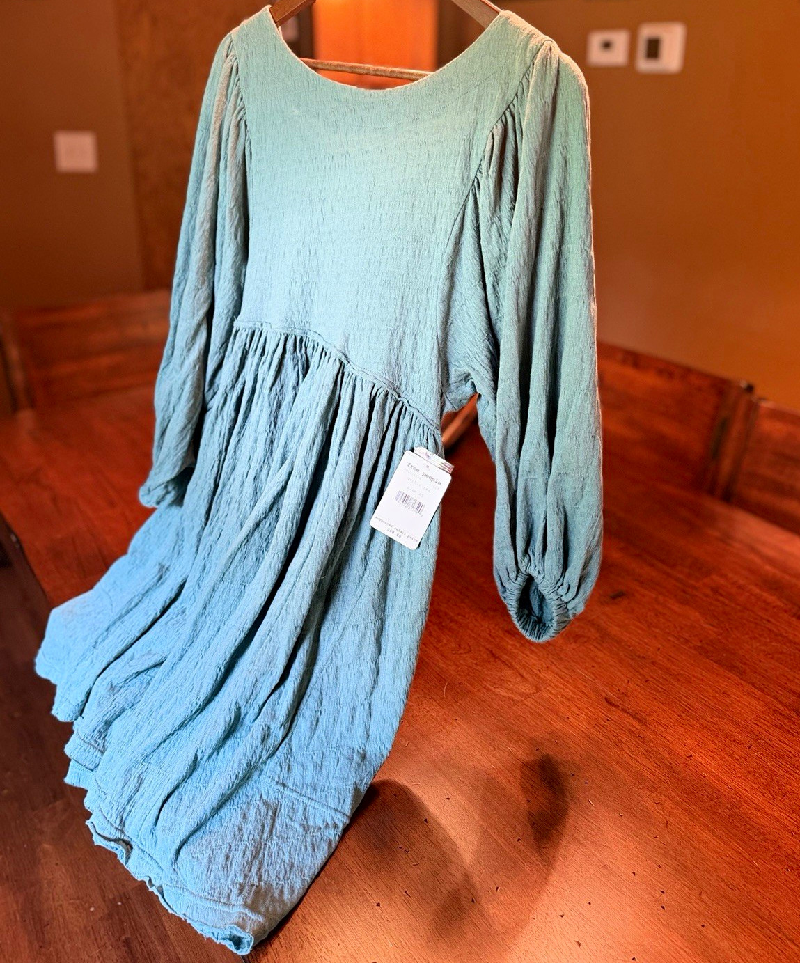 Free People XS Blue Cotton Gauzy Babydoll Mini Dress Pockets Keyhole Neck 32”