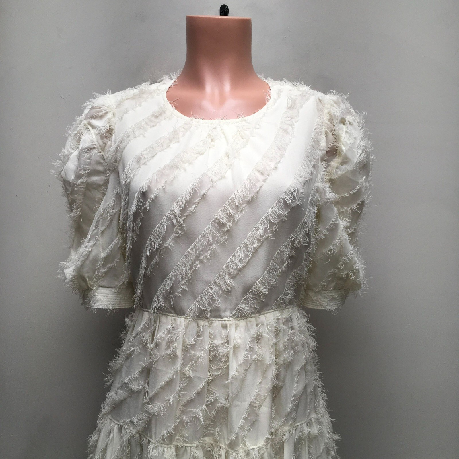 En Saison Natural Texture Stripe Chiffon Fringe Cut Out Tie Back Midi Dress M