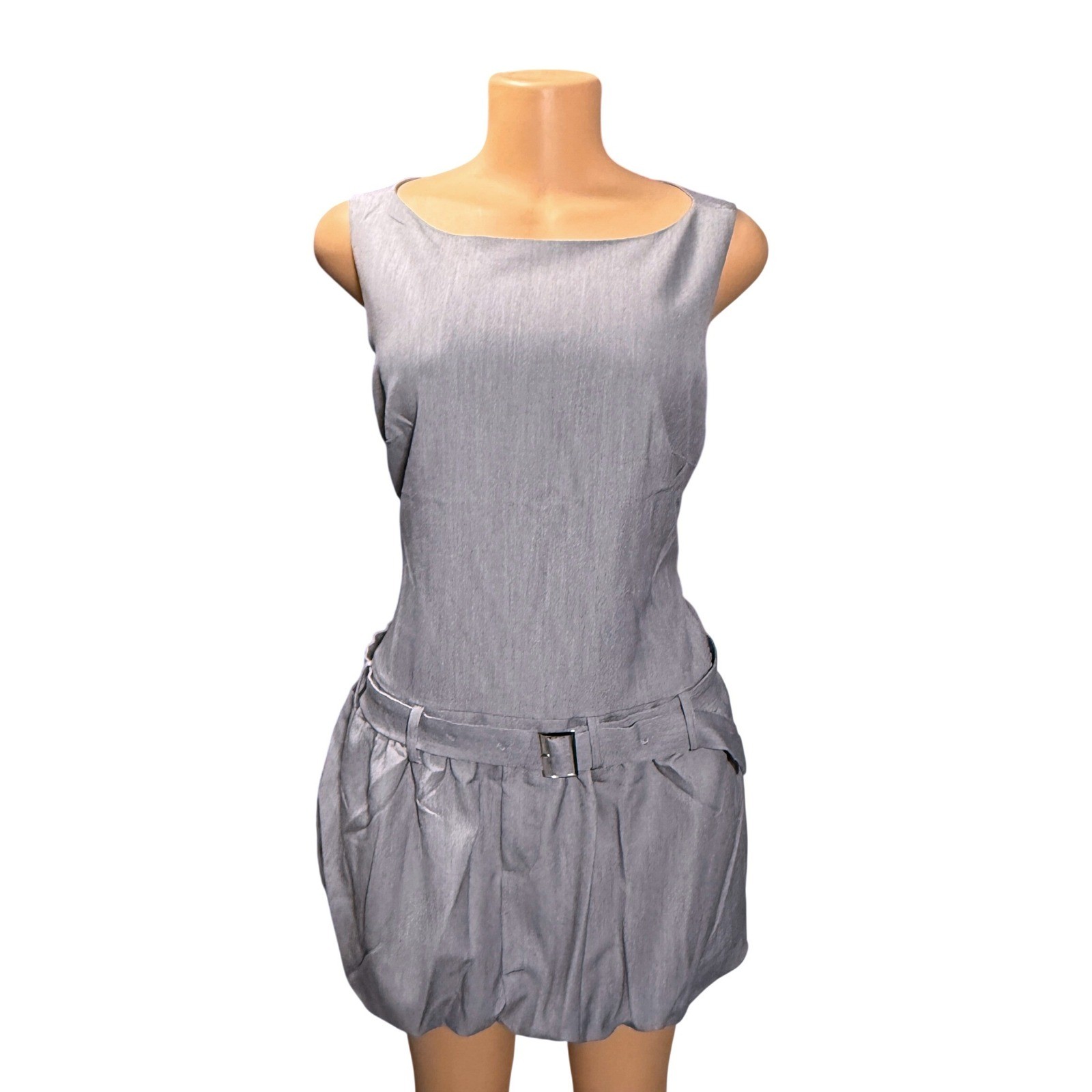 Bar lll Gray Sleeveless Drop Waist Bubble Hem Mini Dress with Belt Size Medium