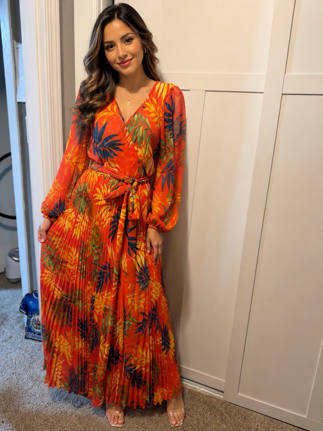 Vava Voom orange dress features a vibrant tropical print and bishop style sleev