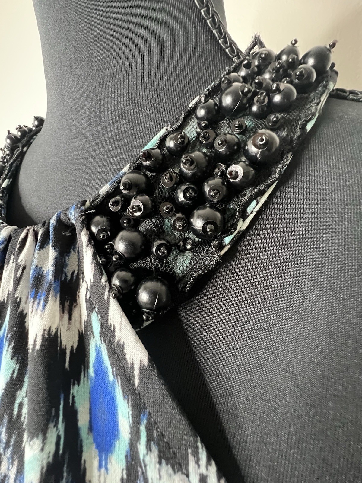 New Directions Ikat Belk Blue Green Ikat Halter Dress Beaded Collar Small Belk
