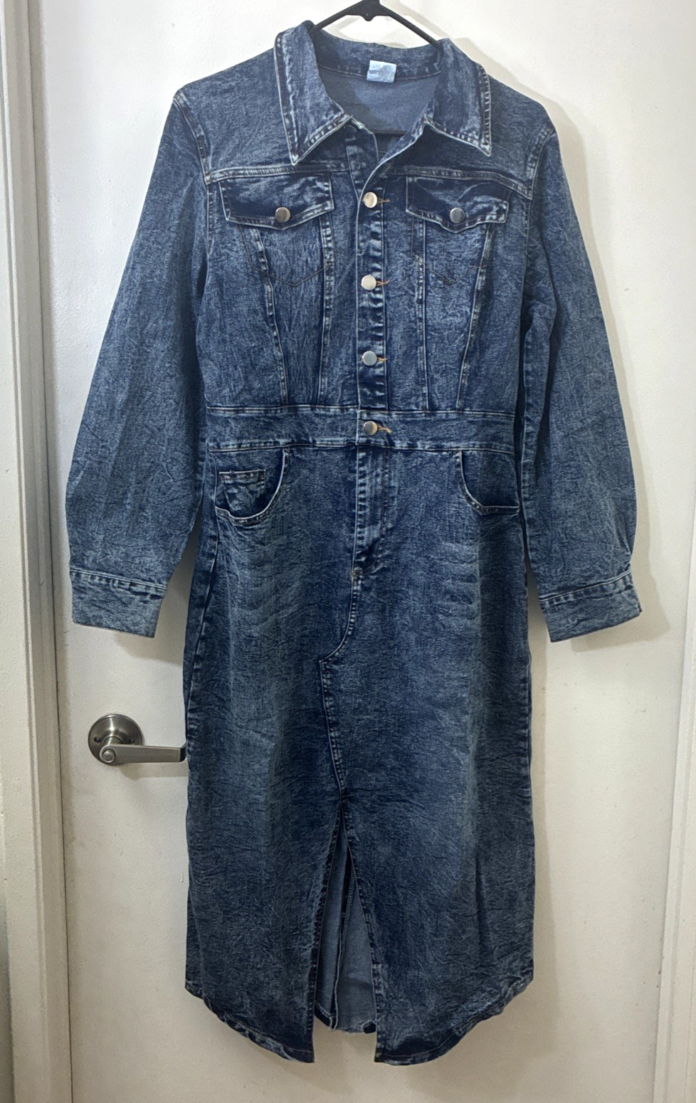 Blue Denim Sheath Dress Women’s Medium 5 Pocket Button Zipper Front Long Sleeves