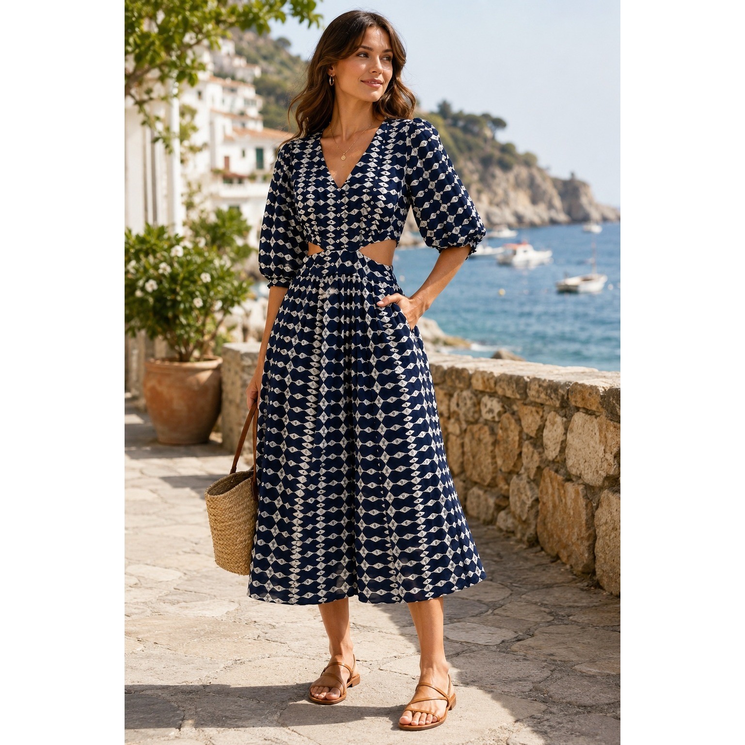 SaturdayClub Cutwork Embroidery Cutout Dress Navy Size XXS Puff Sleeve Midi