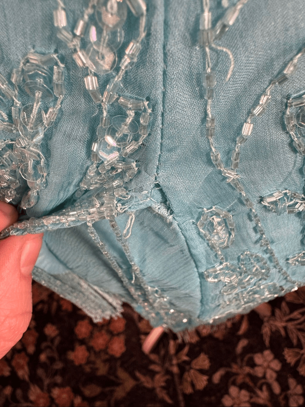 Vintage 1980s Aqua Blue Silk Beaded & Sequin Cocktail Dress Bead Fringe Sleeves