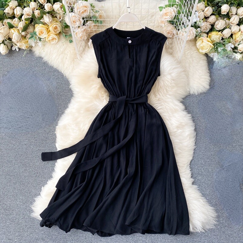 Women Midi Tank Dress Sleeveless Pleated Summer Casual Beach Elegant Belt