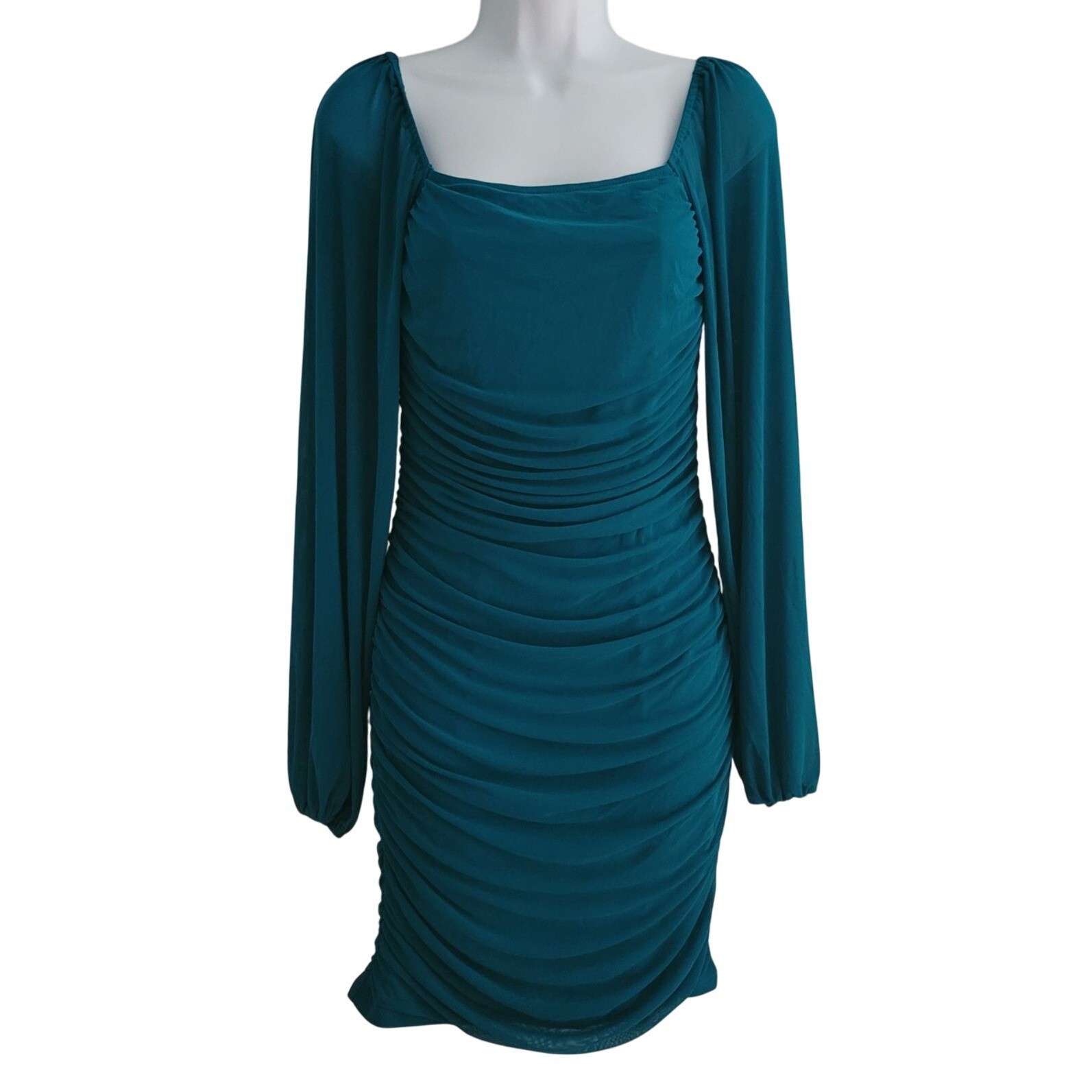 Fashion Mini BodyCon Dress Blue Turquoise Small Long Sleeve Shirred Sheath Lined