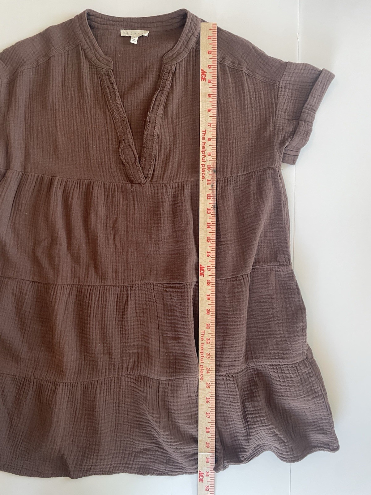 Promesa Mini Dress Crinkle Cotton Brown Women Small Pockets Short Sleeve