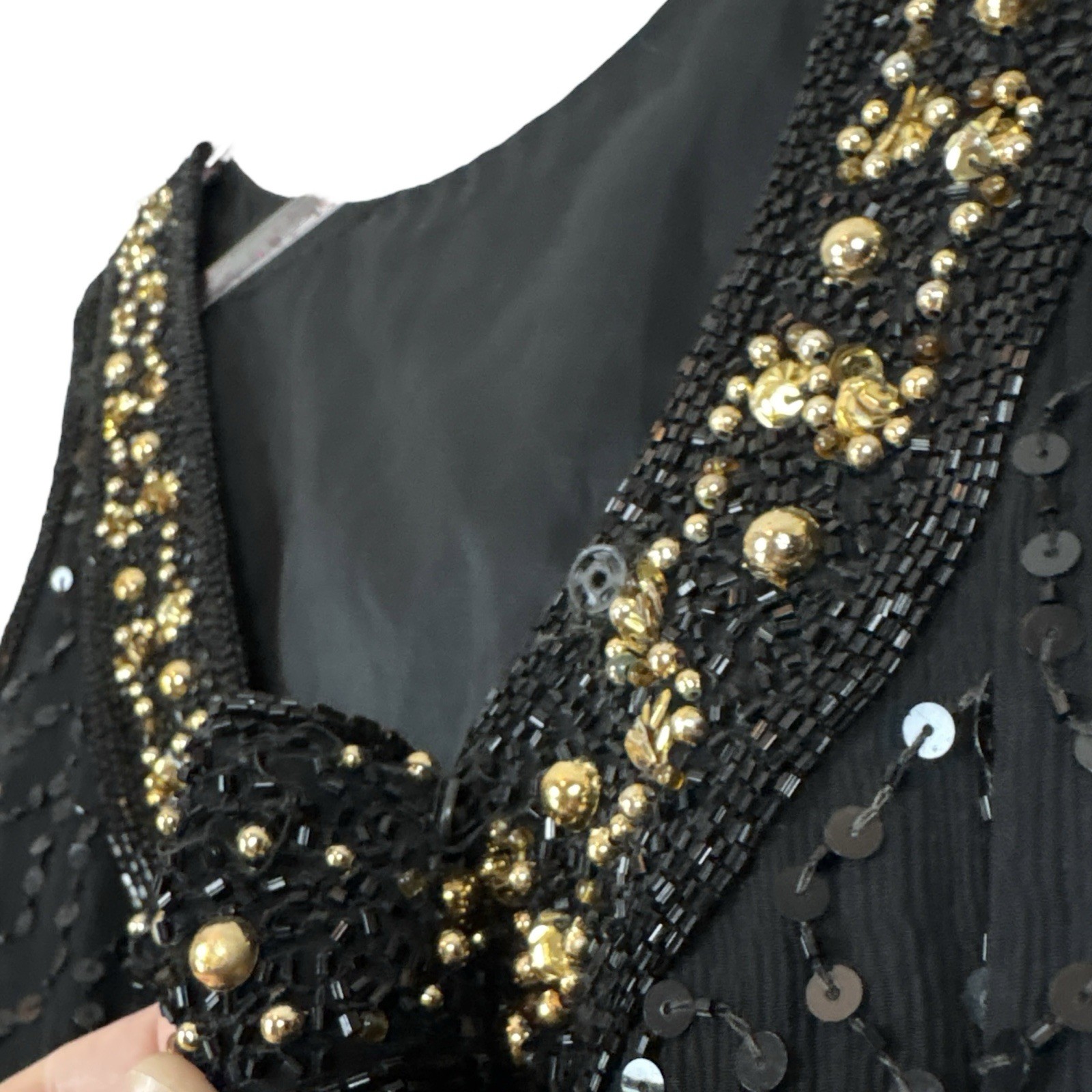 Stenay Silk Beaded Sequined Bow Low Back Long Evening Dress Black Gold Size 4