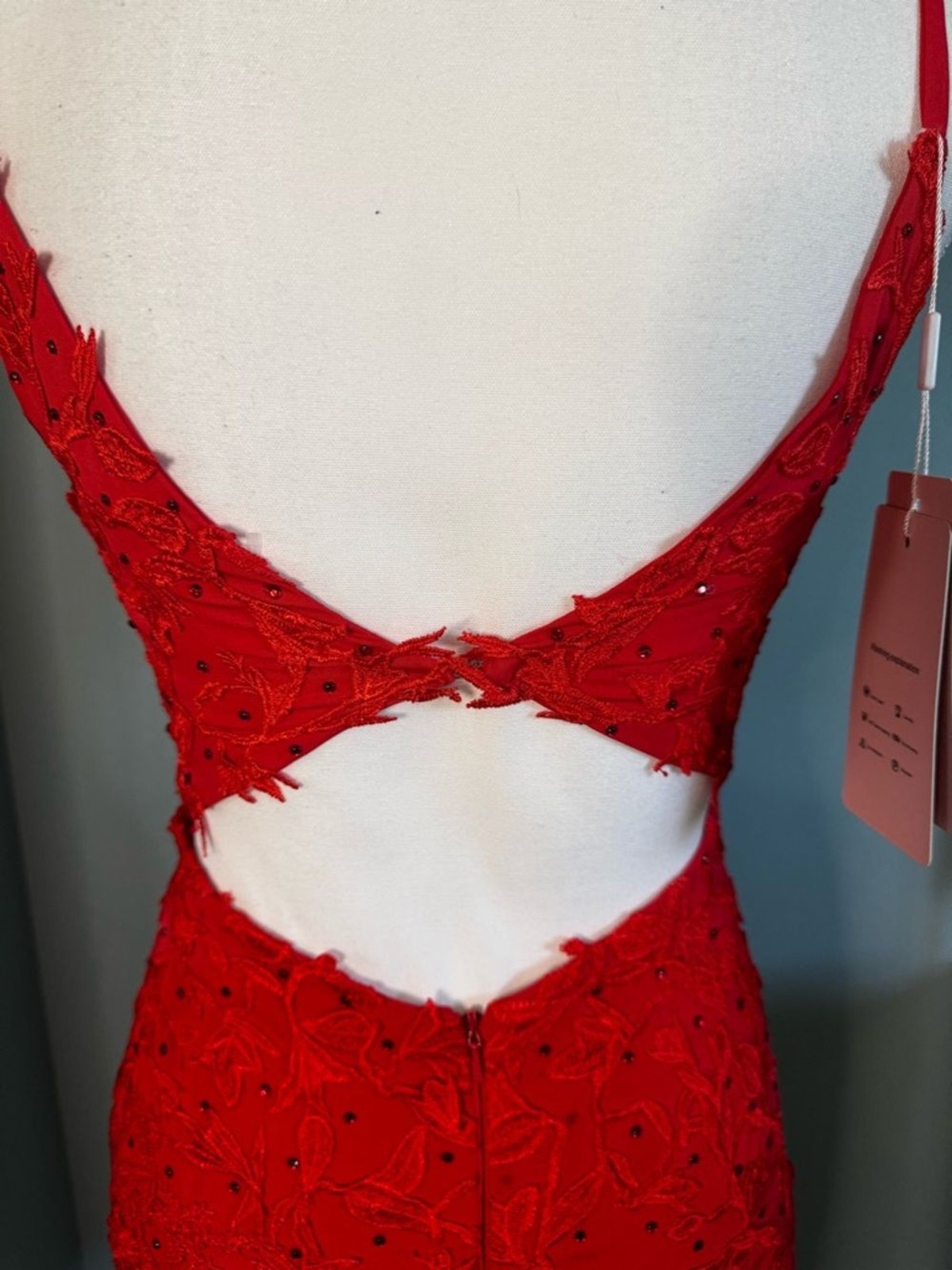 NWT HOCO Homincoming Prom Red Spaghetti Strap Floral Appliqué Bodycon Dress