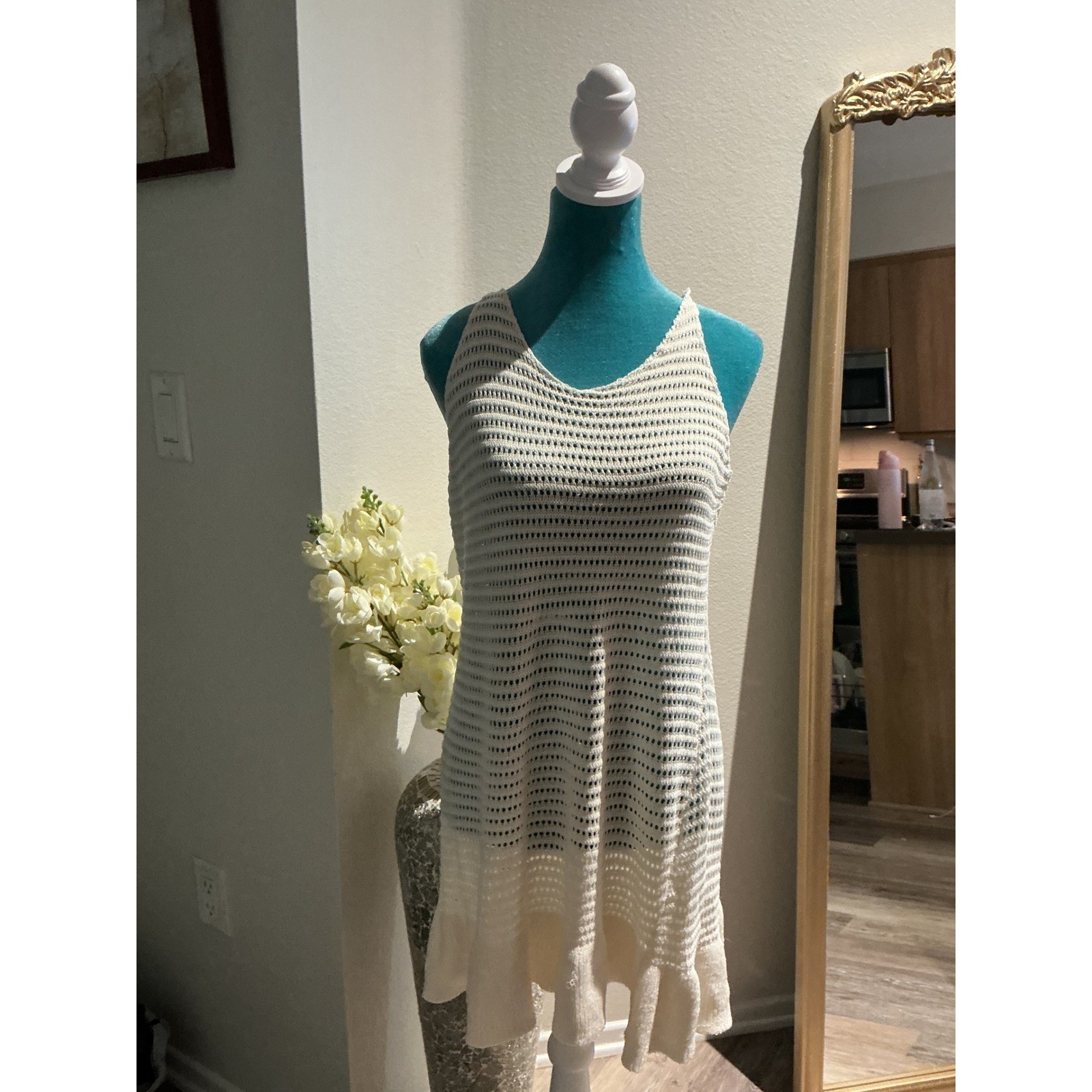 White Crochet Knit Mini Dress Sleeveless V-Neck Ruffle Hem Beach Cover Up Summer