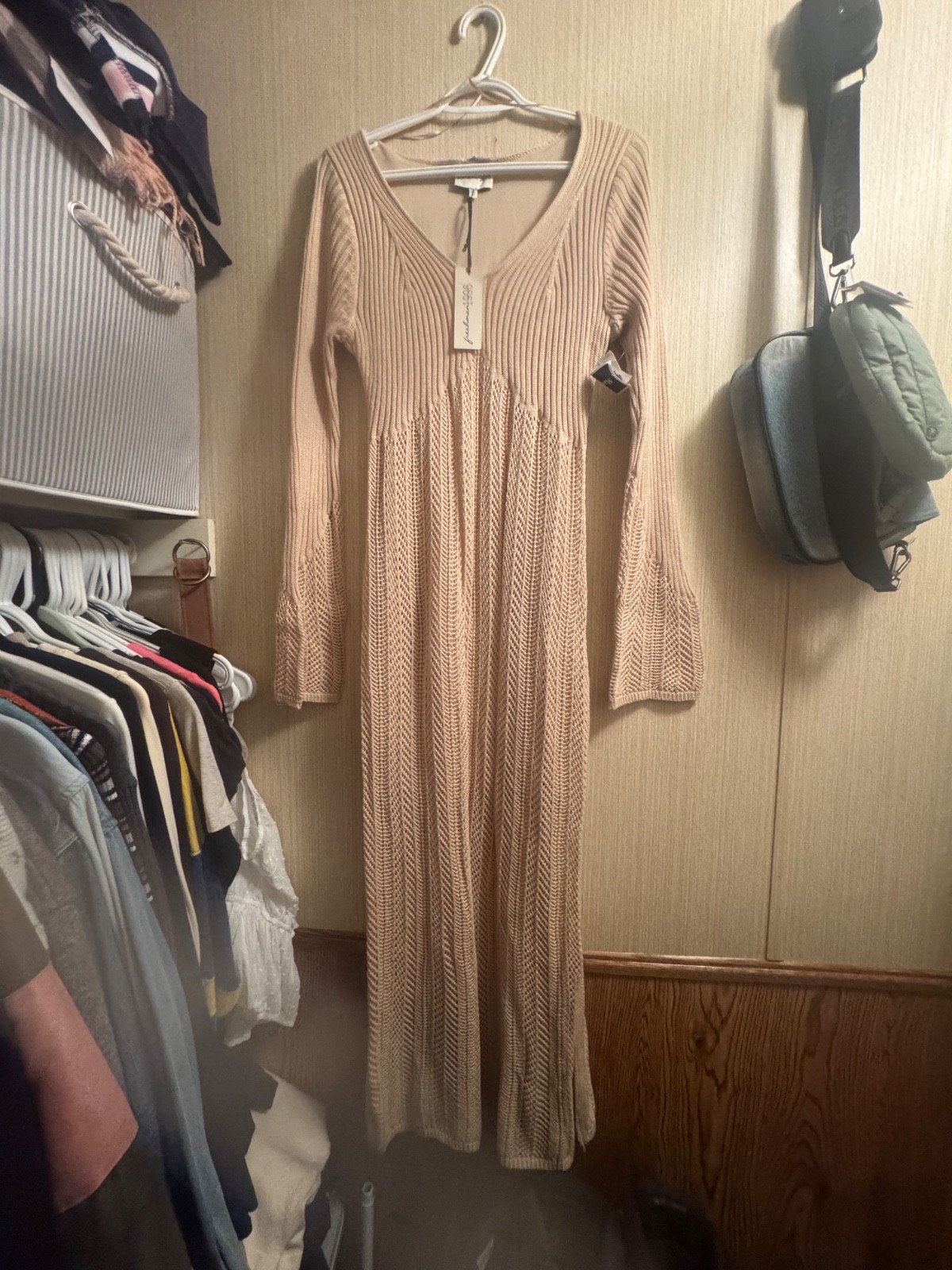 NWT Freshman 1996 Beige Knit Maxi Dress Bell Sleeve Boho XL