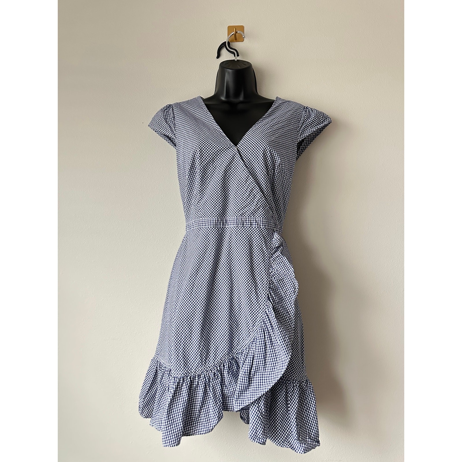 J.Crew Gingham Blue White Wrap Dress 100% Cotton Fit & Flare Midi Size 4