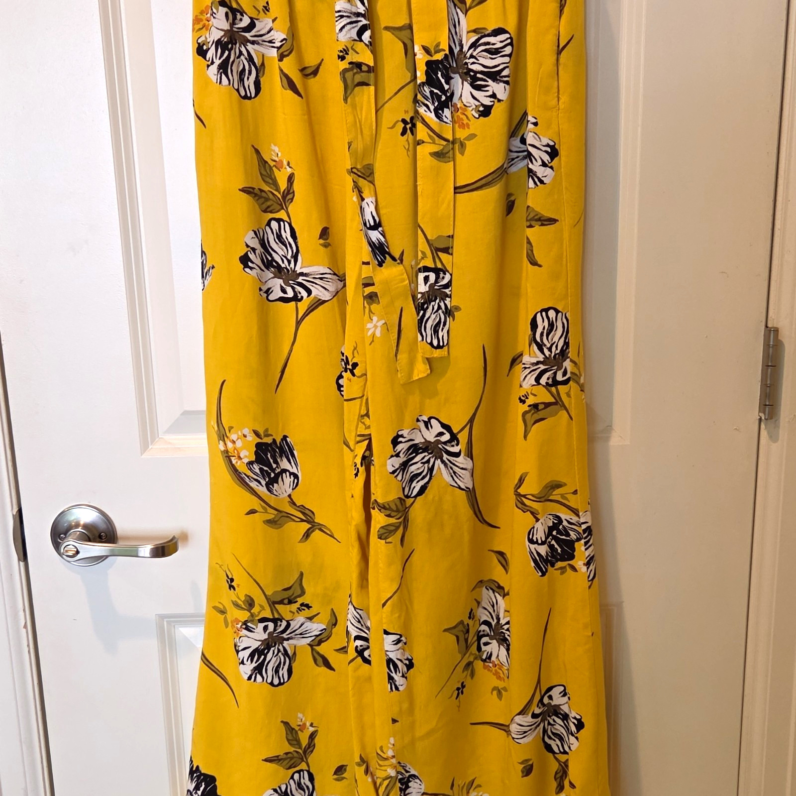 New Look Womens S Yellow Black White Floral Palazzo Pant Tie Accent G32