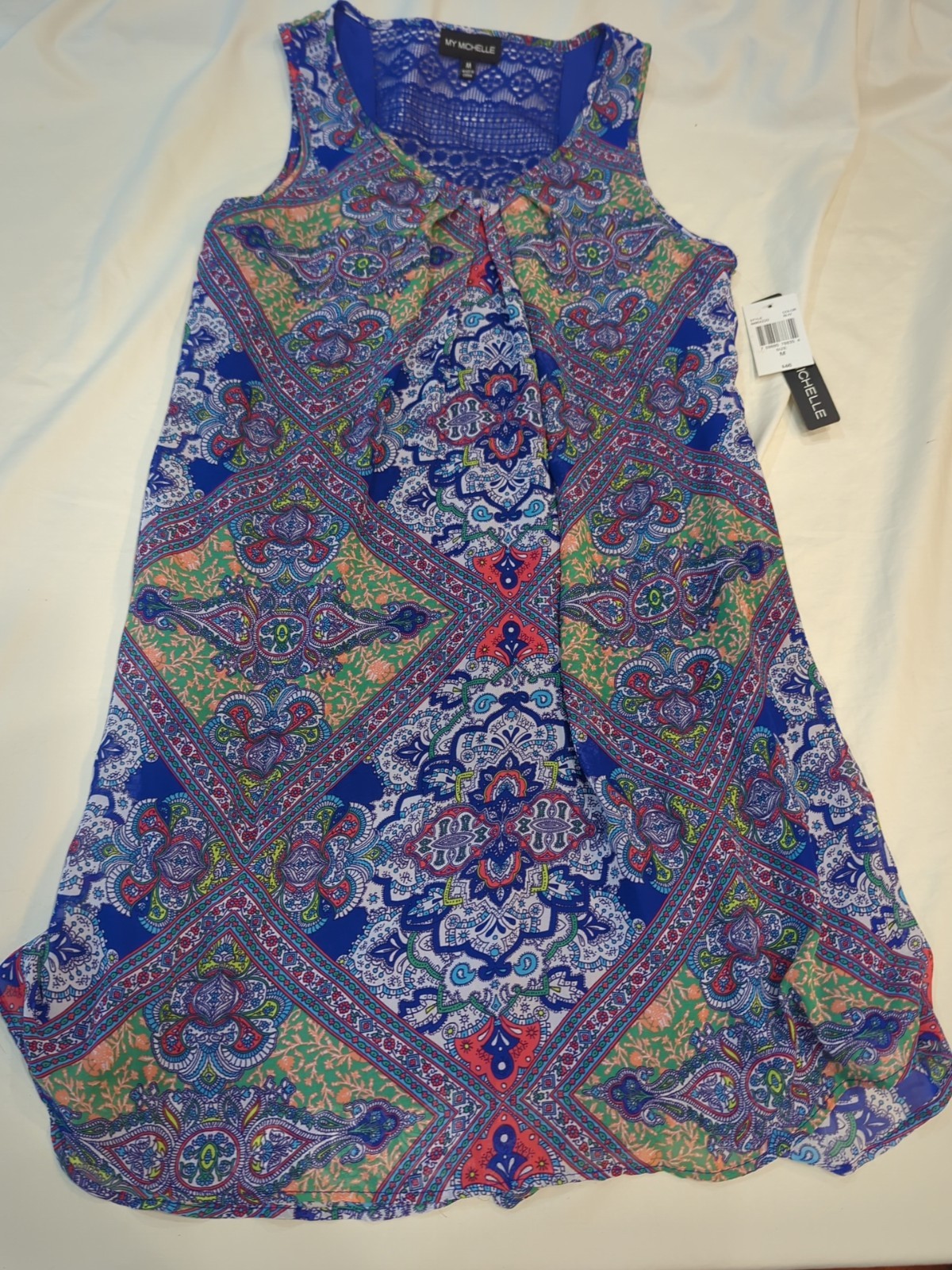 My Michelle MEDIUM Dress Sleeveless Y2K Boho Paisley Lace Back 90’s Moroccan Blu