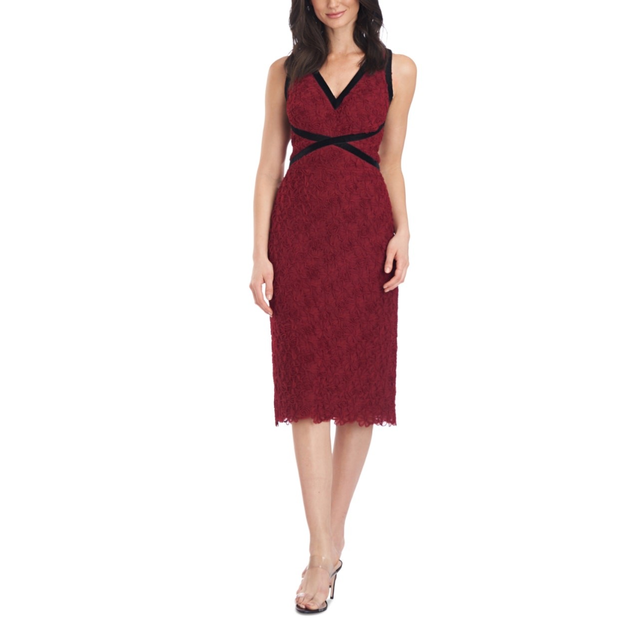 JS Collections Red and Black Cocktail Dress Lace and Velvet Midi Sheath Size 12