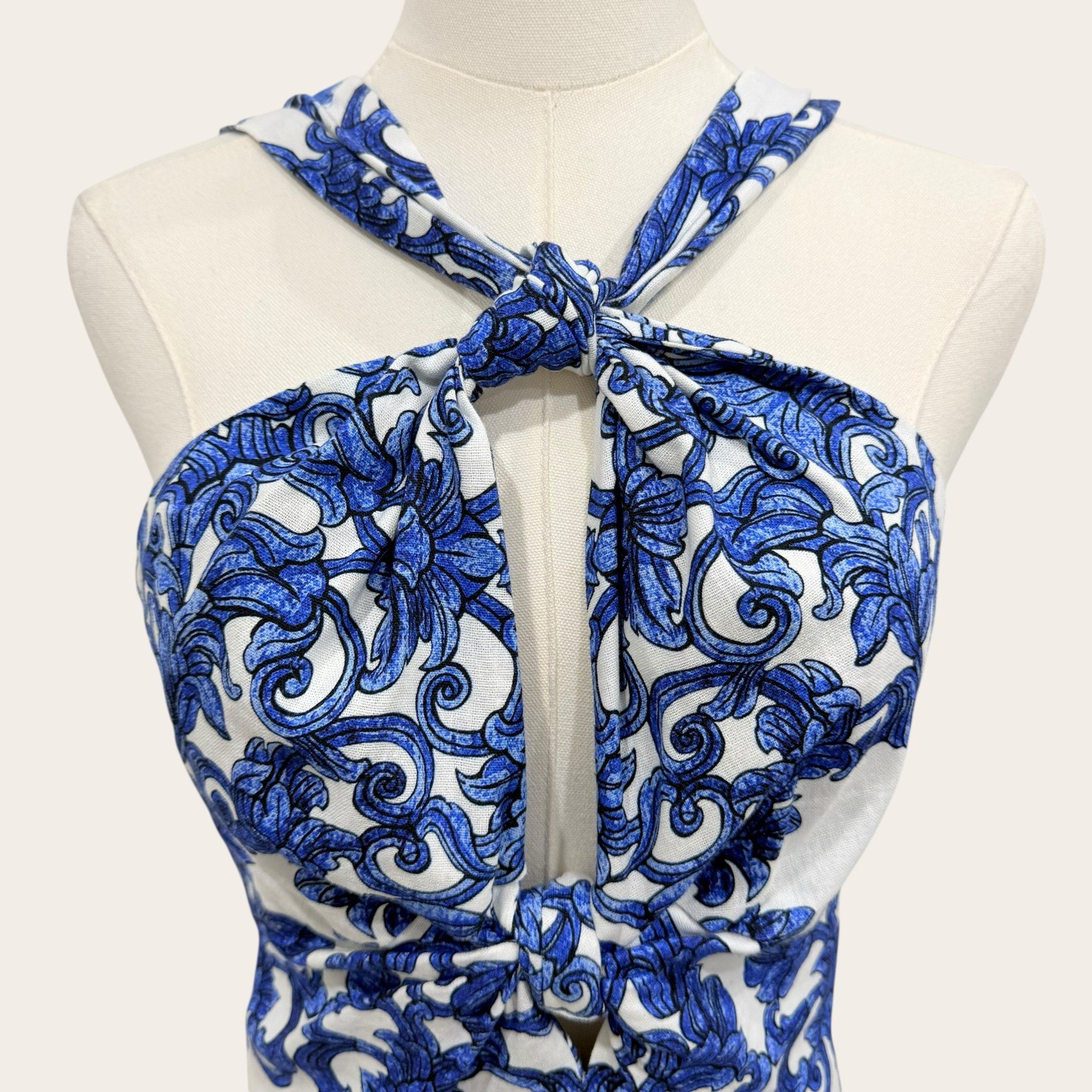 Antonio Melani Bronwyn Blue Tile Print Linen Blend A-Line Halter Maxi Dress SZ 4