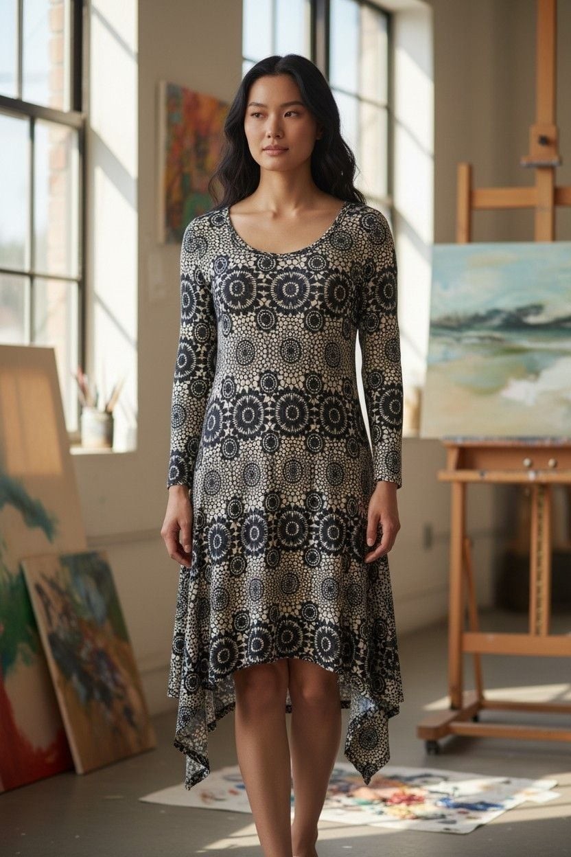 Dalin Long Sleeve Geometric Circle Pattern Hanky Hem Tunic Dress