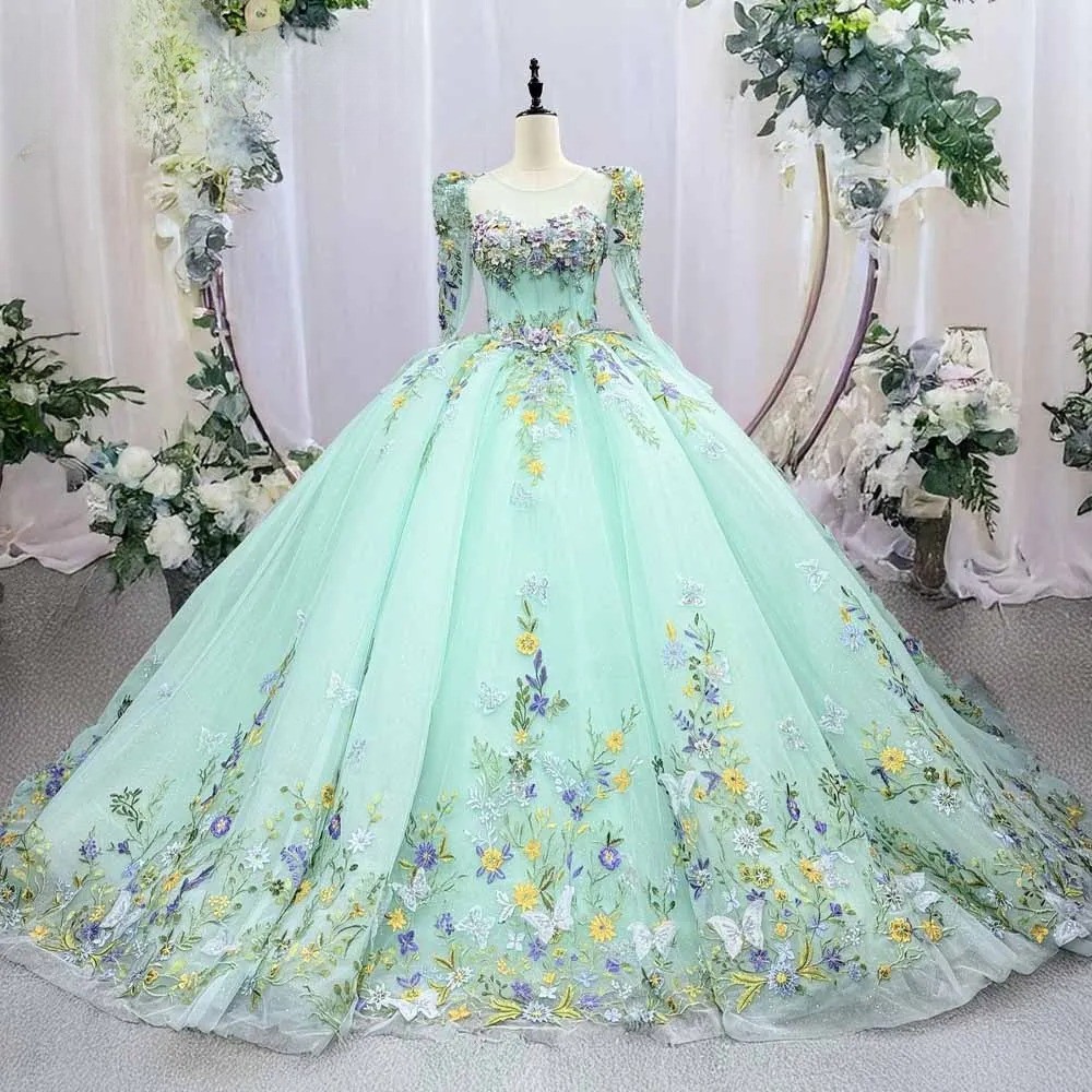 Mint Green Floral Ball Gown Long Sleeve Quinceanera Dress Vintage Princess Gowns