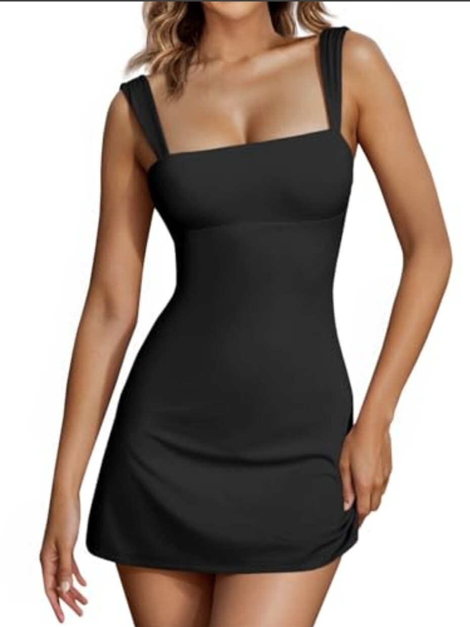 Fisoew Women’s Backless Lace Up Dress Square Neck Club Cocktail Mini Black
