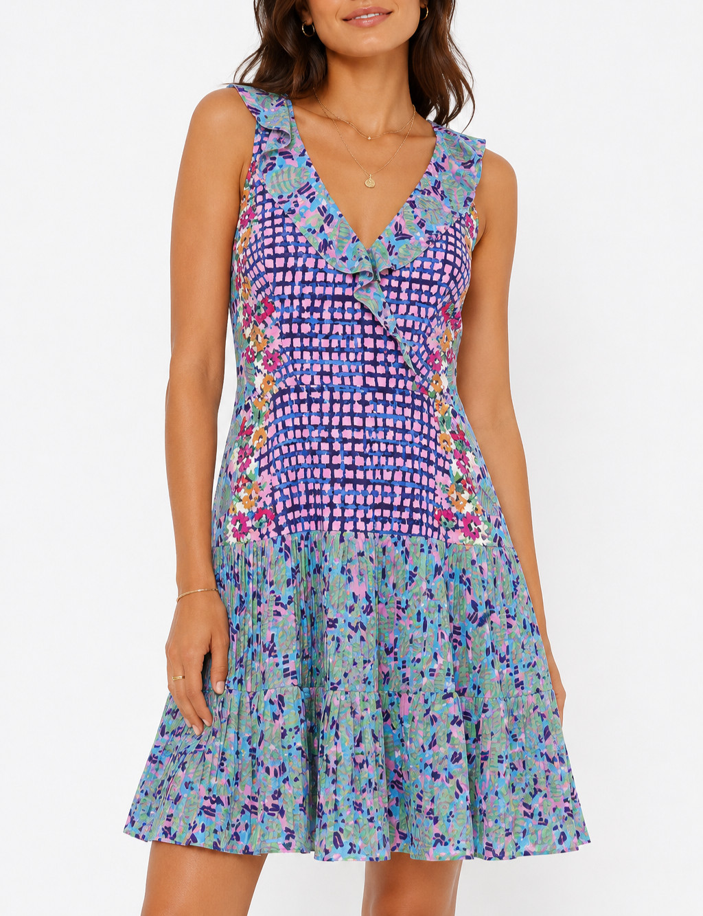 Saloni Amy Silk Satin Floral Pleated Mini Dress Sleeveless V-Neck Women’s 2