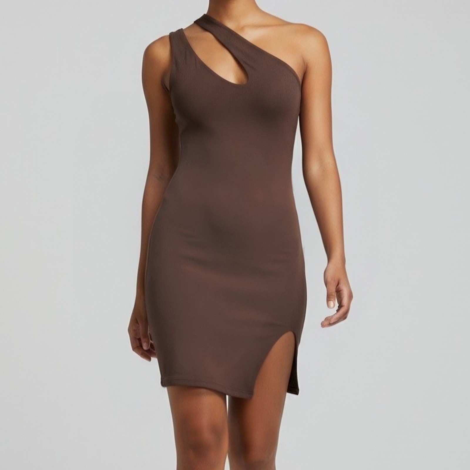 Naked Wardrobe Brown One Shoulder Front Slit Bodycon Mini Dress Size M NWOT