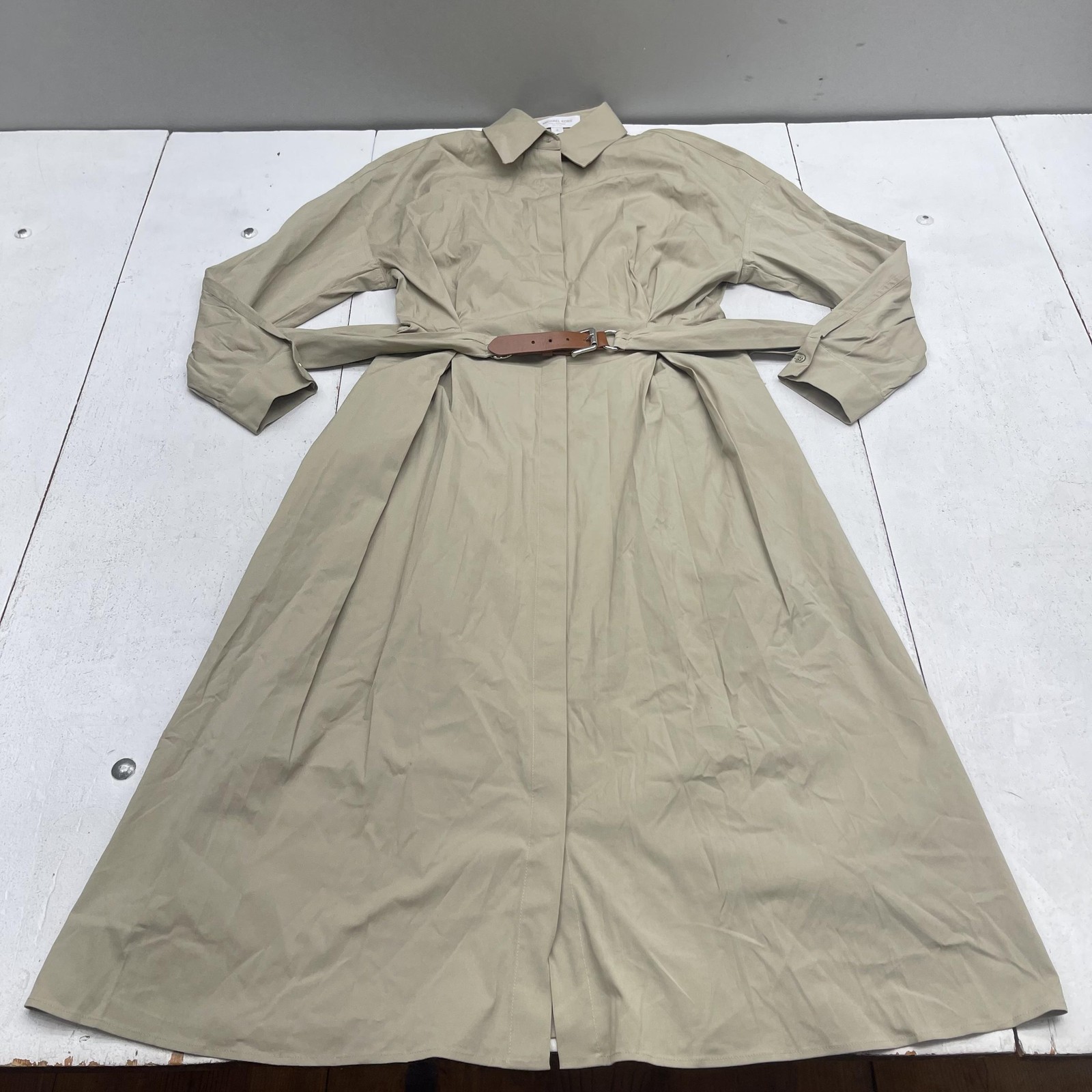 Michael Kors Collection Dress Womens 8 Beige Belted Shirt Midi A Line Italy