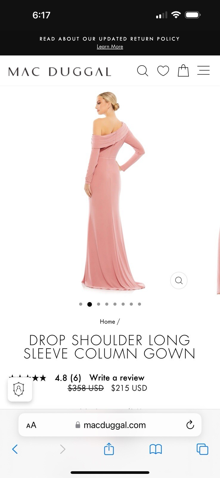 NWT Mac Duggal DROP SHOULDER LONG SLEEVE COLUMN GOWN 26595 Rose Gold 16