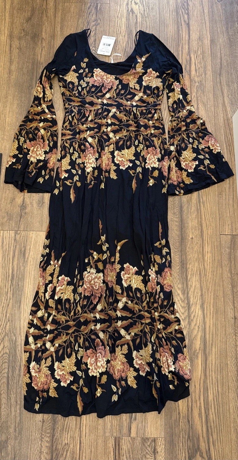 Free People Midnight Garden Black Comb Maxi Bell Sleeve Long Dress Size S NWT