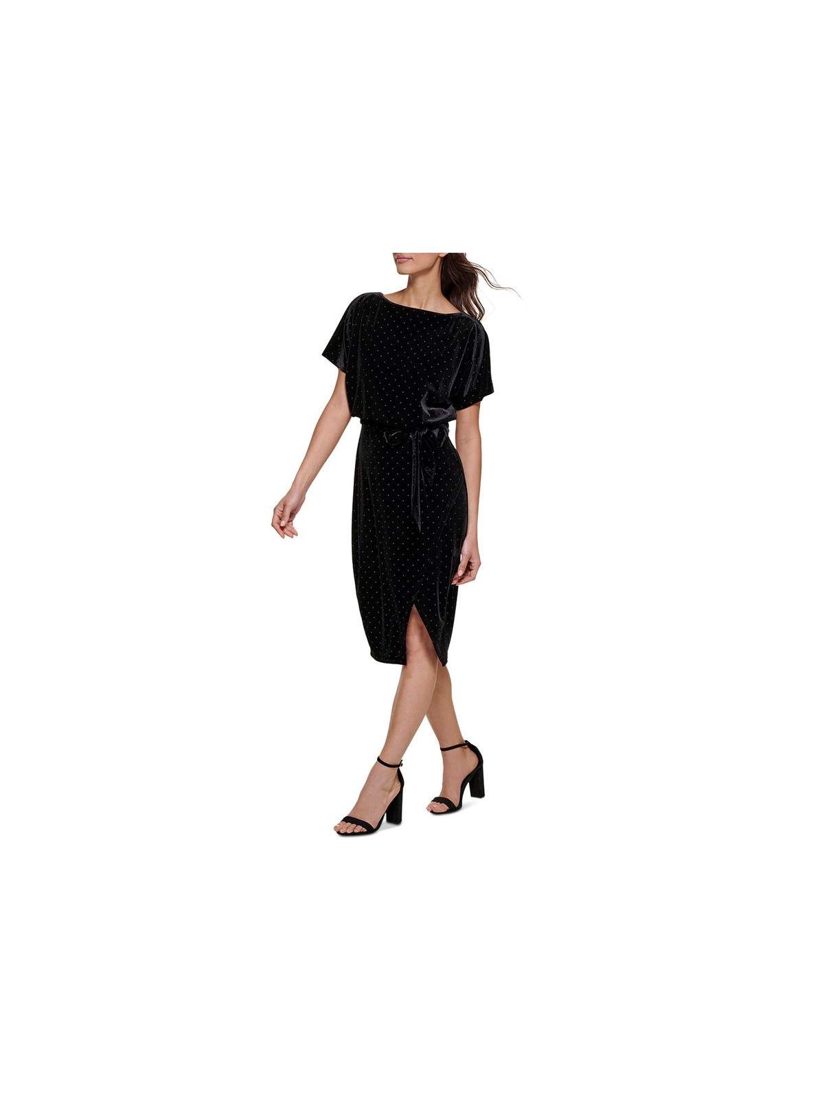 KENSIE DRESSES Womens Black Belted Studded Lined Short Sleeve Sheath Dress XS