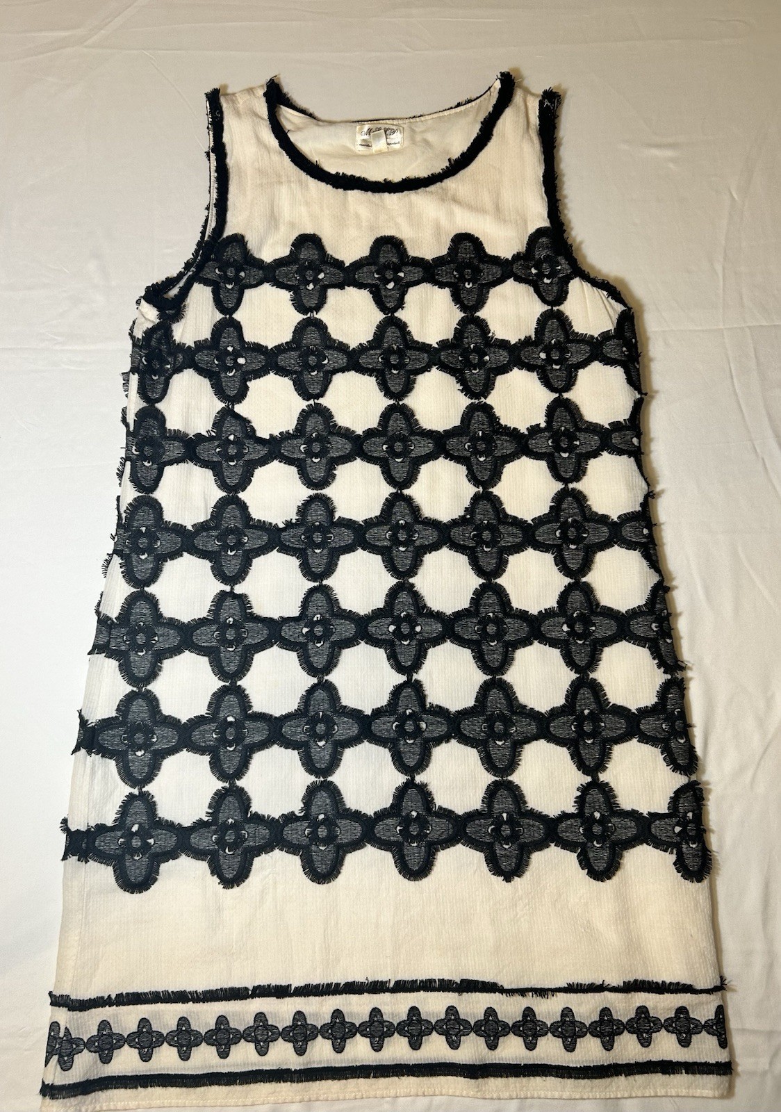 Max Studio Specialty Embroidered Dress Boho Cotton Gauze White & Black Sz Large