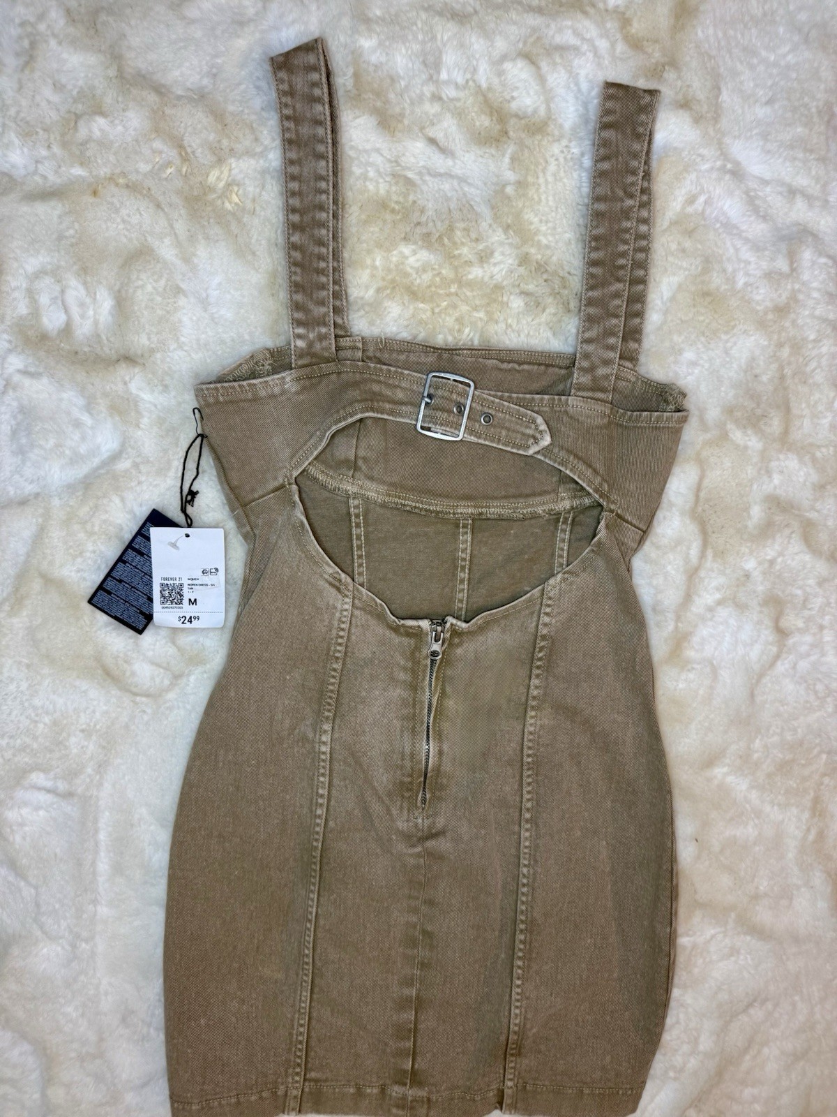 FOREVER 21 Tan Denim Overall Dress Size M Sleeveless Straps Buckle Zipper Cotton
