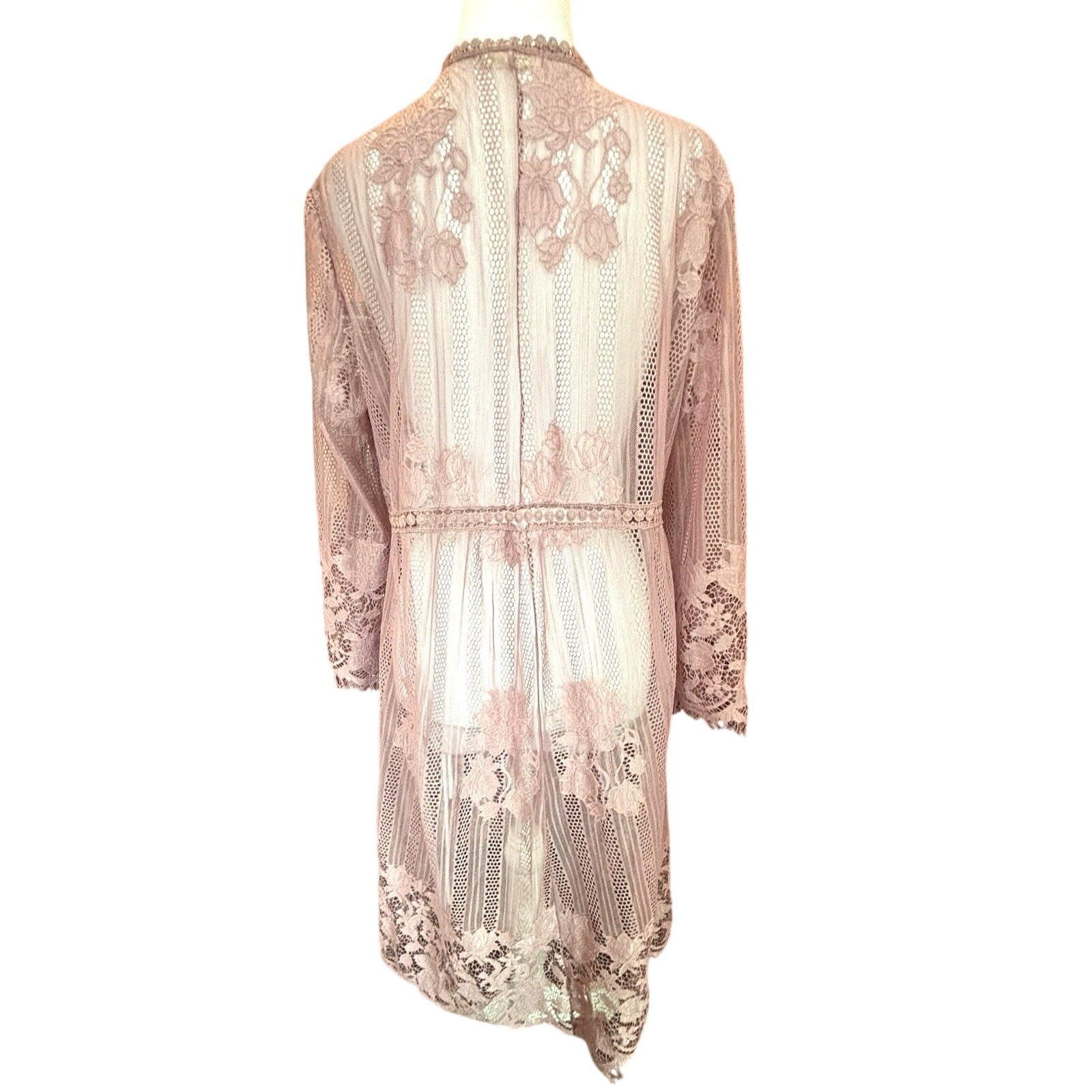Me & U Sheer Lace Crochet Duster Cover Up Dusty Mauve Sz M Boho Chic Fairycore