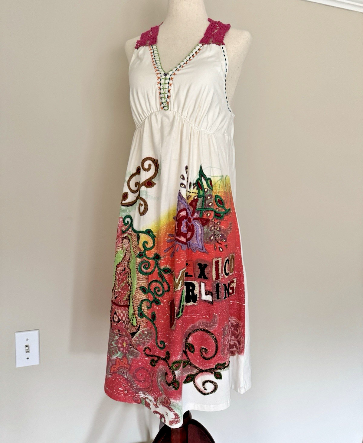 Double D Ranch Beaded Embroidery Crochet Novelty Print DRESS MEXICO Mother Mary