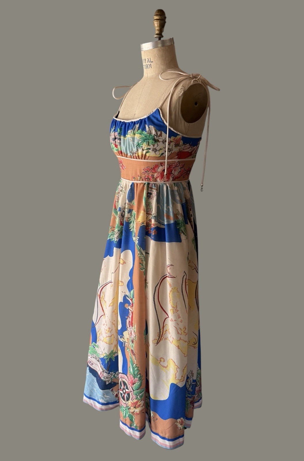 Summer Dress with Nautical Map Print Sz Small Cotton Linen So Pretty