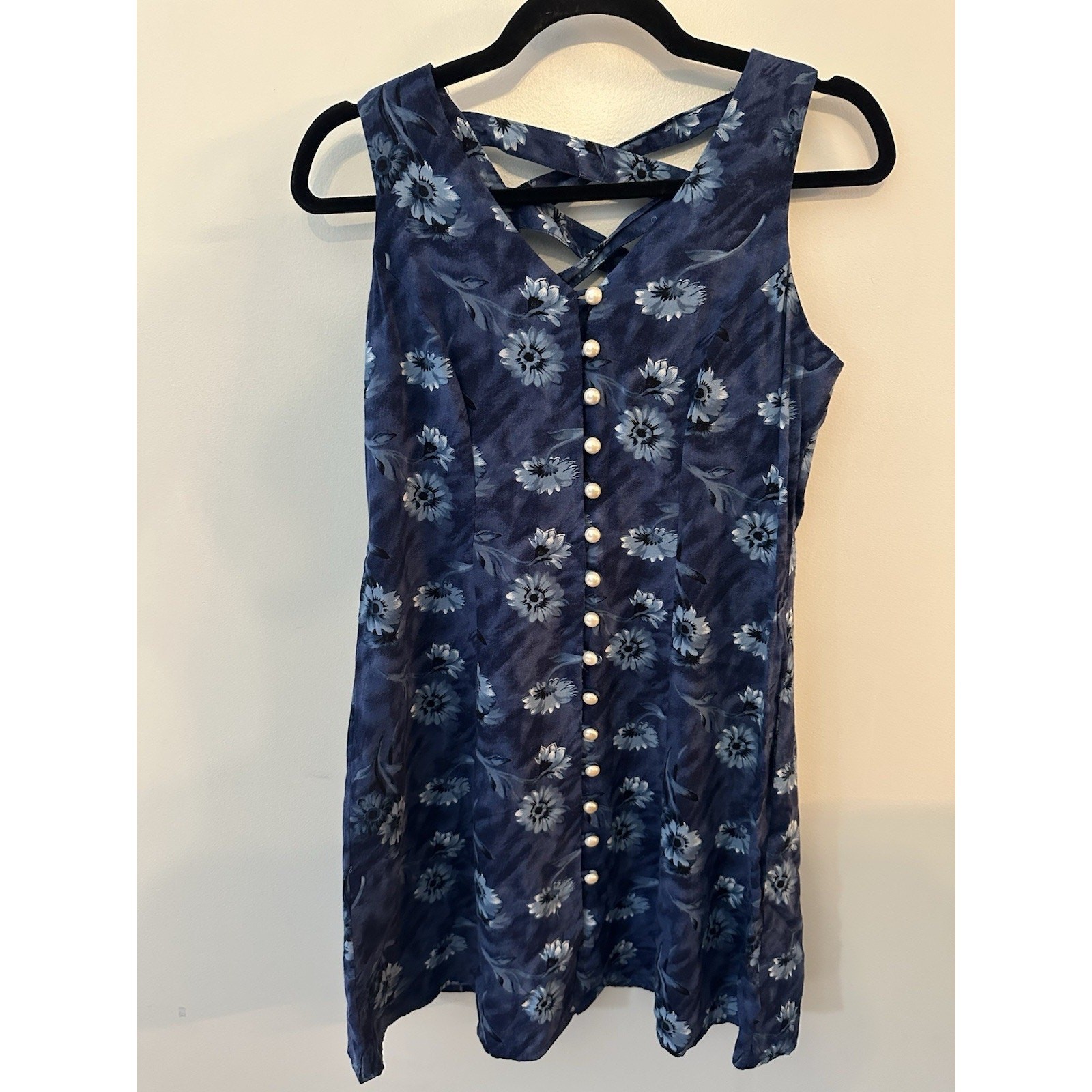 Vintage Floral Dress Pearl Button Front Cottage Y2K 90s Sz.3/4 Blue Strappy Back