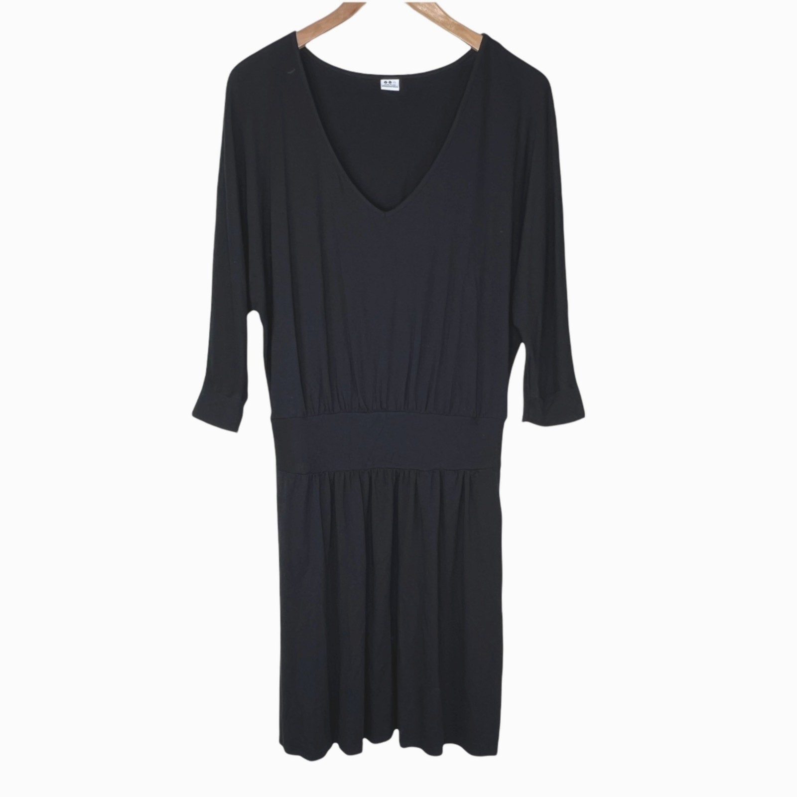 Three Dots Dress Large V-Neck Dolman Sleeve Batwing Knit Mini Black Blouson