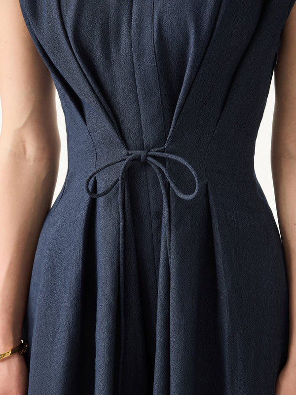 OGL – Viscose-Linen Collared V-neck Midi Dress with Drawstring