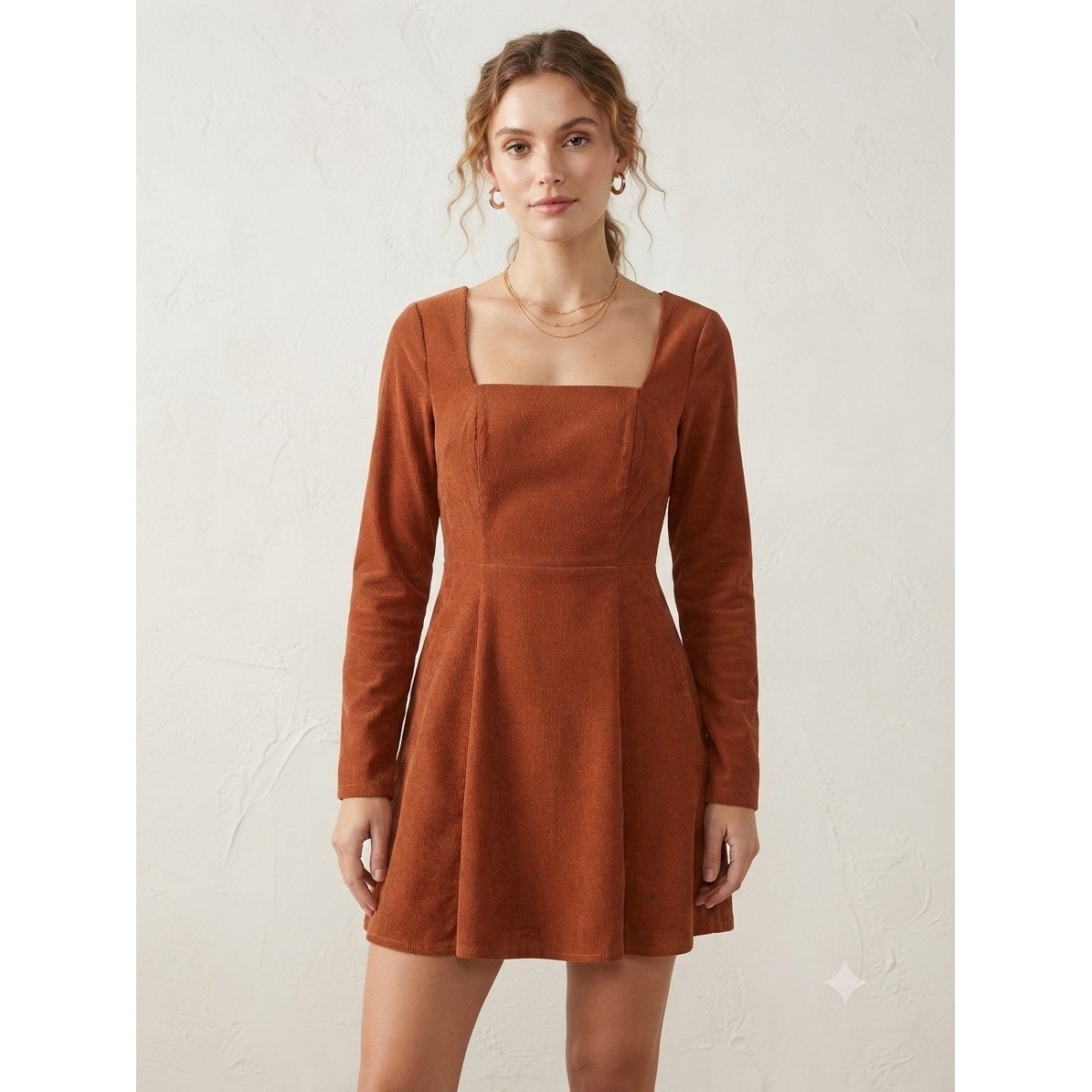 Audrey Parks Francesca’s Rust Corduroy Square Neck Mini Dress ZULLY F29I Small