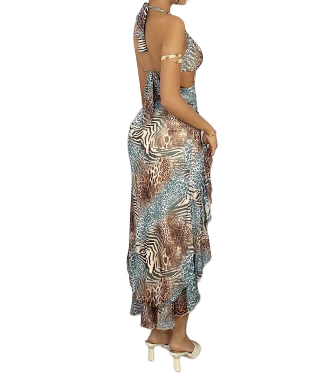 Hollow Out Random Printed High Slit Ruffle Hem Dress