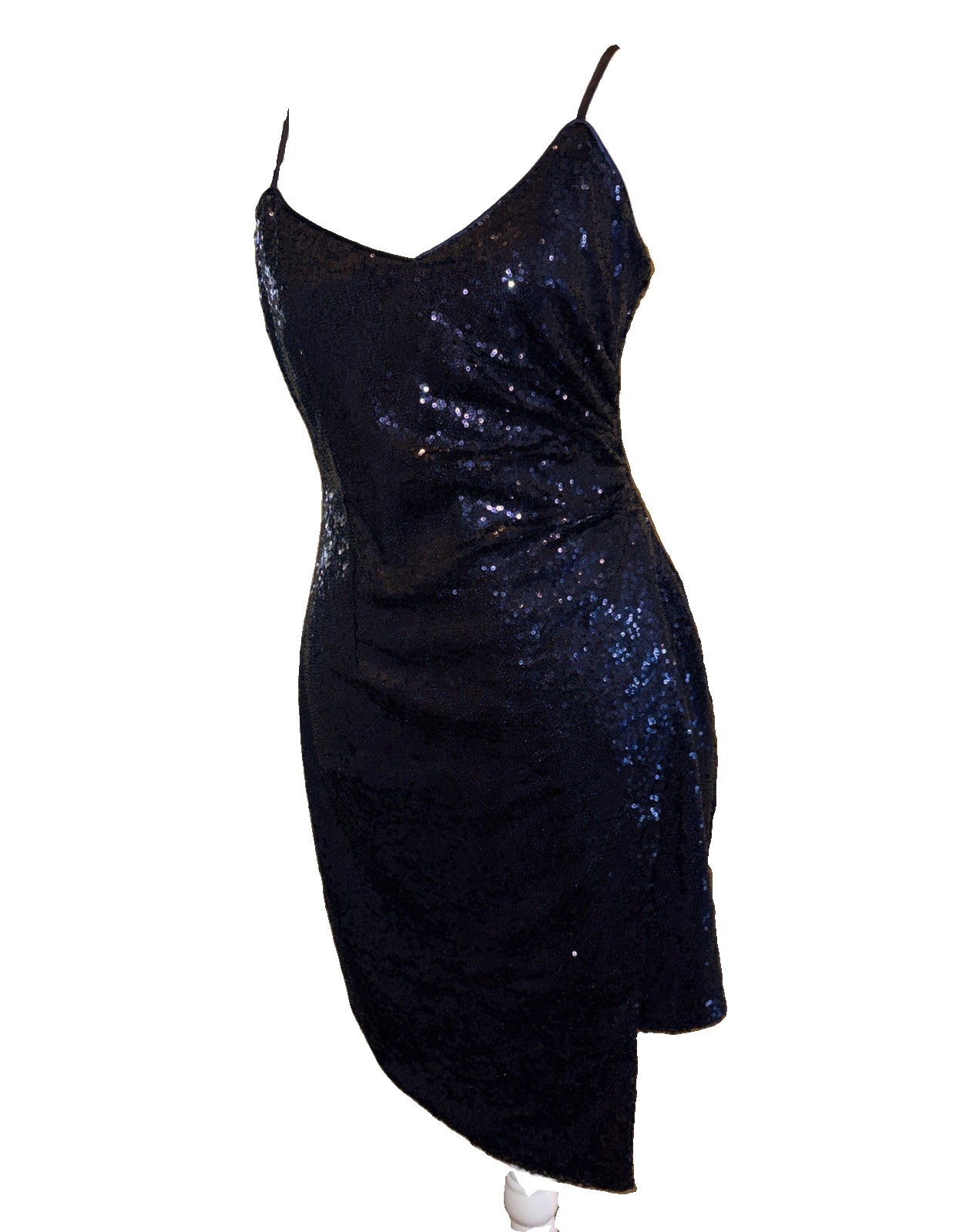 Lulus Womens Sequin Asymmetrical Tulip Hem Cocktail Mini Dress Size S Navy Blue